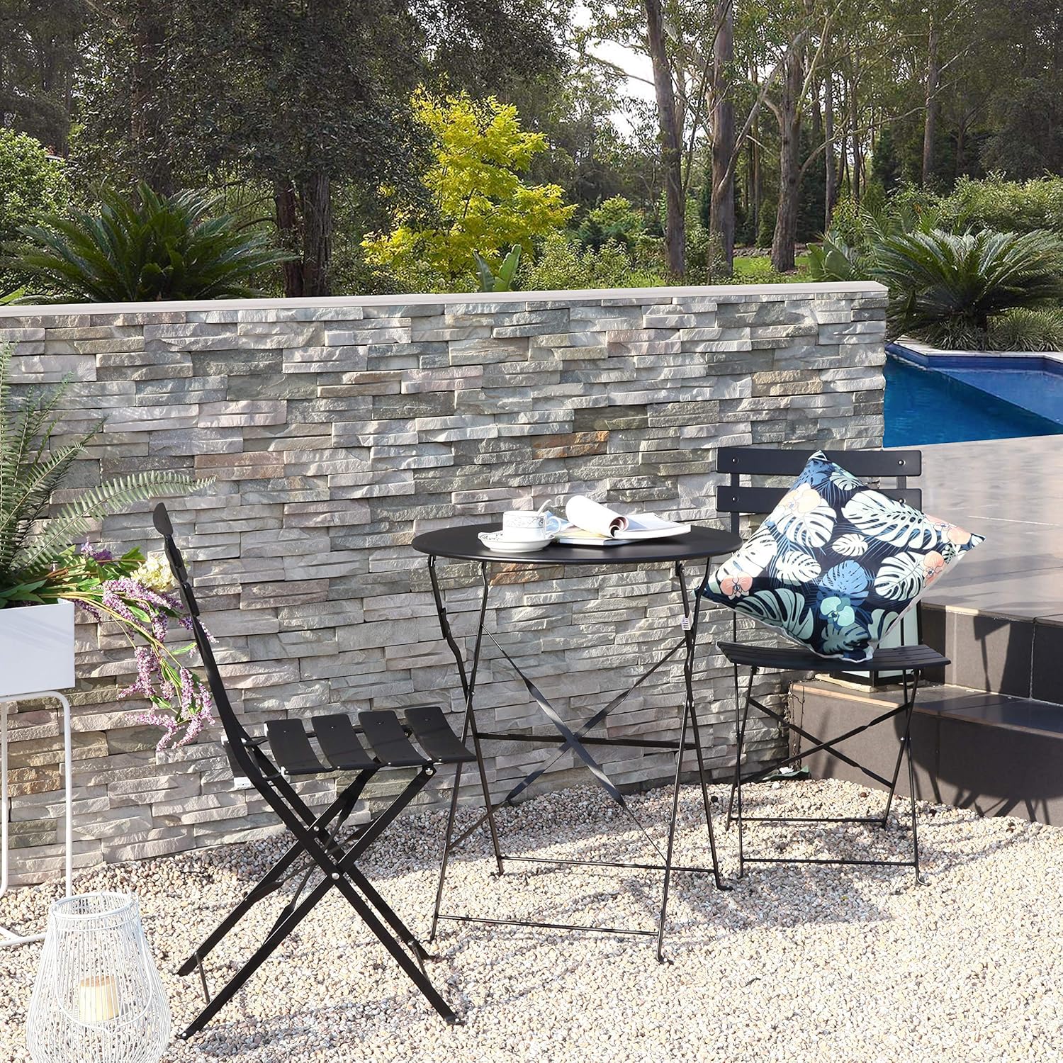 3-Piece Folding Bistro Set, 2 Chairs and 1 Table, Weather-Resistant Outdoor Indoor Conversation Set for Patio, Yard, Black