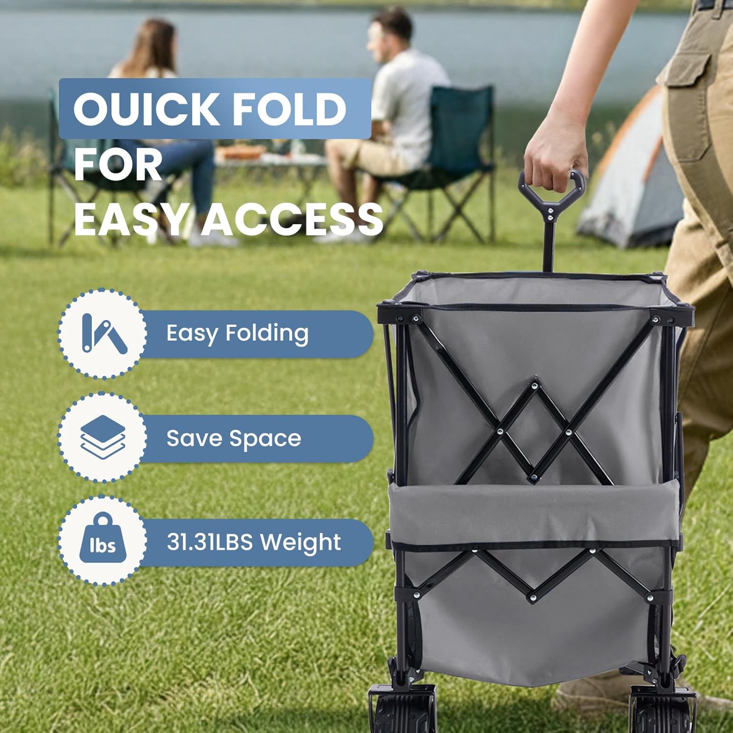 LIFERECORD Heavy-Duty Folding Wagon Cart - 440lb Capacity Foldable Utility Cart with Adjustable Handle & All-Terrain Wheels, Gray