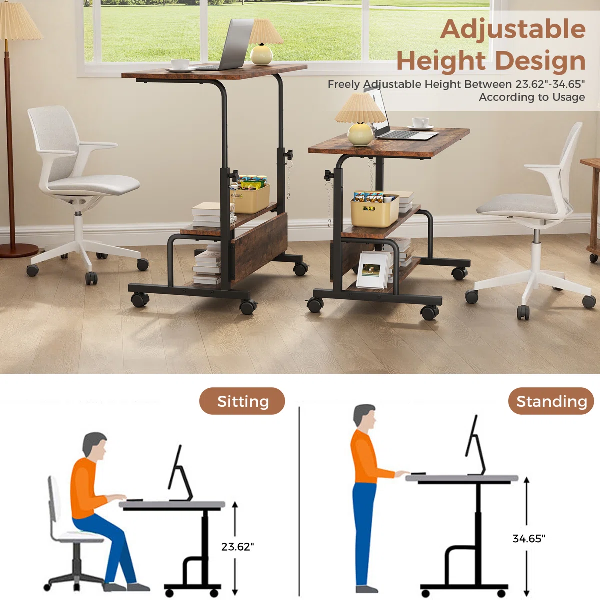 LIFERECORD Adjustable Height Standing Desk 31.5", Portable Rolling Desk on Wheels, Mobile Computer Desk with Lockable Wheels & 2-Tier Storage for Small Spaces Home Office