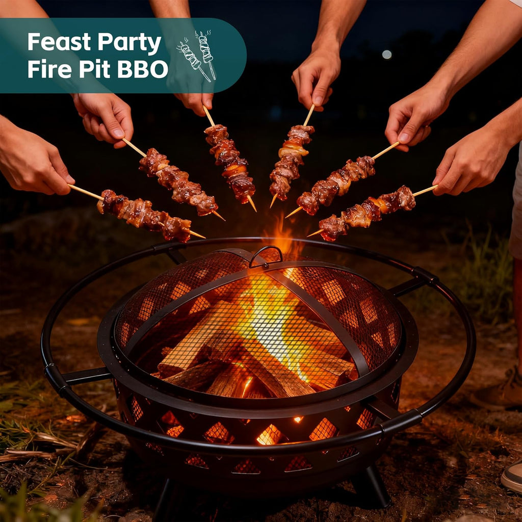 LIFERECORD Circular Steel Fire Pit with Spark Screen - Wood Burning Outdoor Fire Pit with Decorative Cut-Out Design for Patio & Backyard, 36 Inch