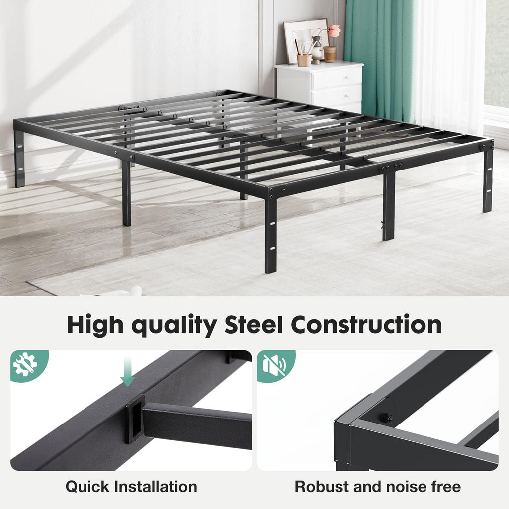 ACCVER Queen Size Bed Frame - 14in Heavy-Duty Steel Platform, Ample Under-Bed Storage Space, No Box Spring Needed, Sturdy Metal Slat Support