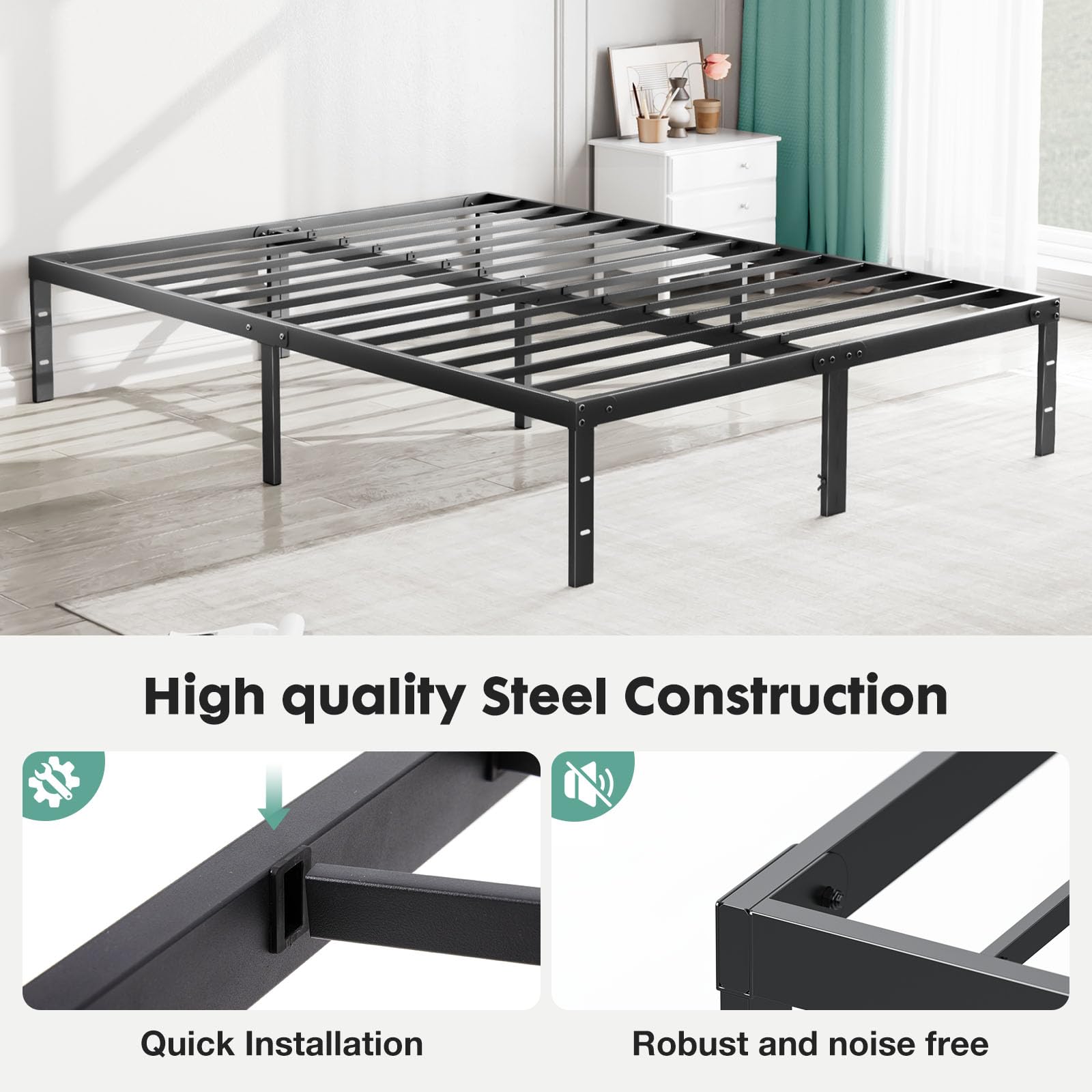 ACCVER Queen Size Bed Frame - 14in Heavy-Duty Steel Platform, Ample Under-Bed Storage Space, No Box Spring Needed, Sturdy Metal Slat Support