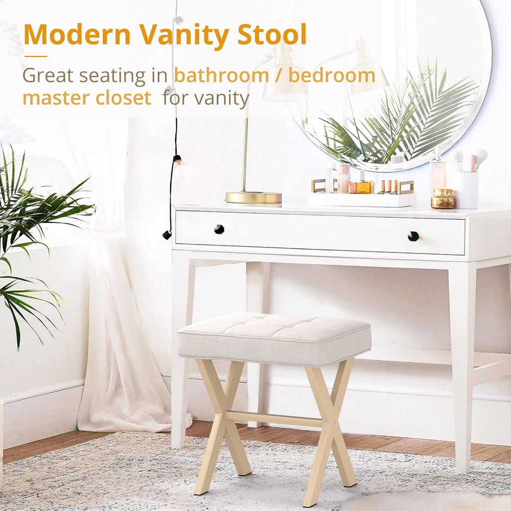 LIFERECORD Square Linen Makeup Stool with X-Leg Base - Modern Padded Vanity Stool & Foot Rest for Bedroom and Bathroom, Beige