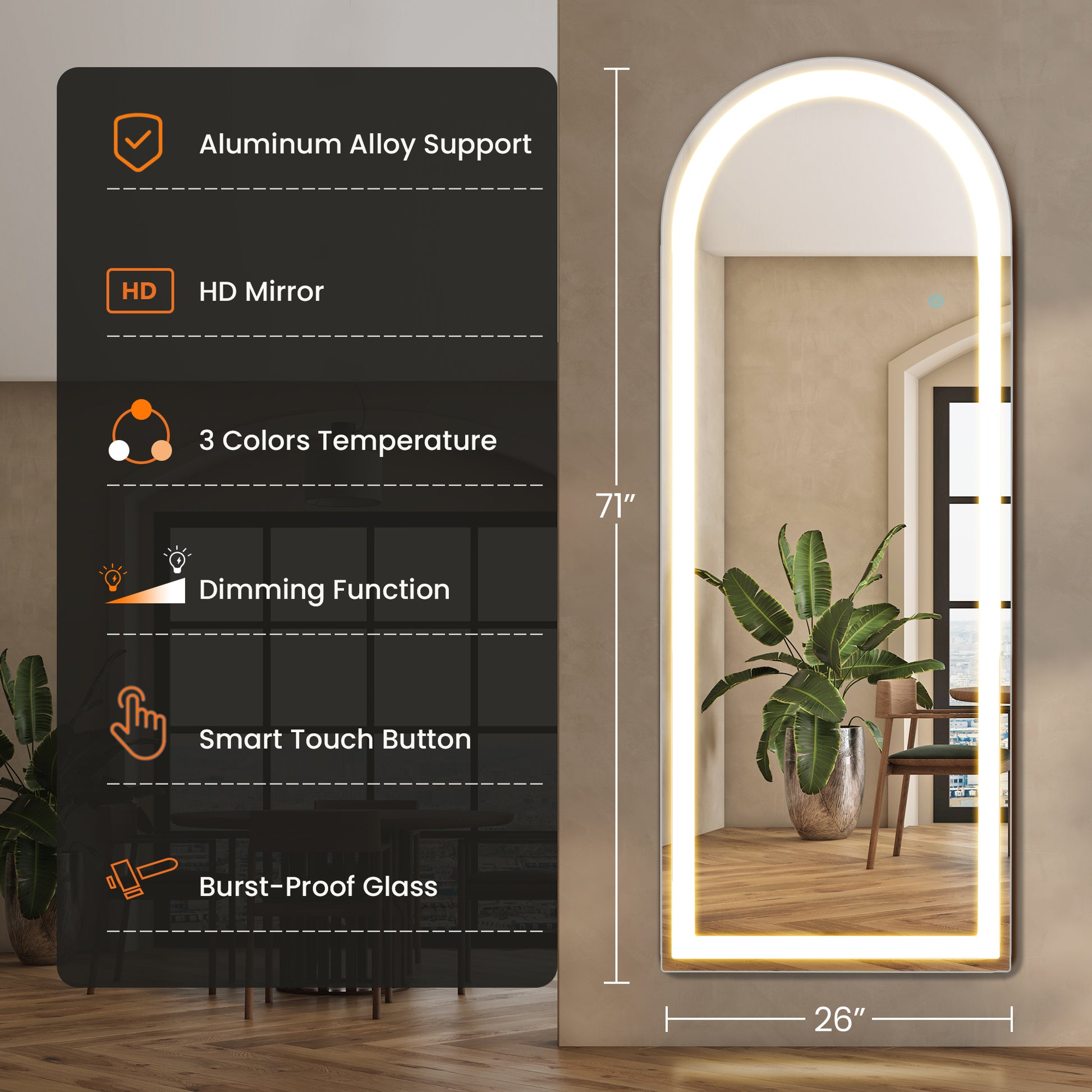 LIFERECORD 71"x26" Full Length Mirror with LED Lights, 3 Color Lighting Floor Standing Mirror with Dimming, Standing and Wall Mounted Mirror for Bedroom, Living Room, Cloakroom (Rounded Corners)
