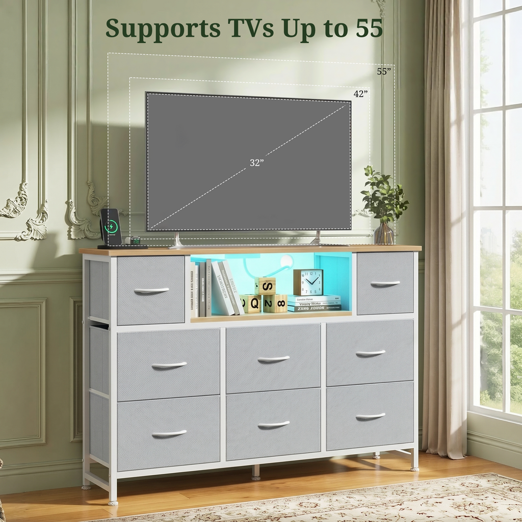 LIFERECORD Dresser TV Stand for 45-55 Inch, Chest of Drawers with LED Lights & USB Ports, Entertainment Center with Charging Station, Wood Top Media Console for Bedroom