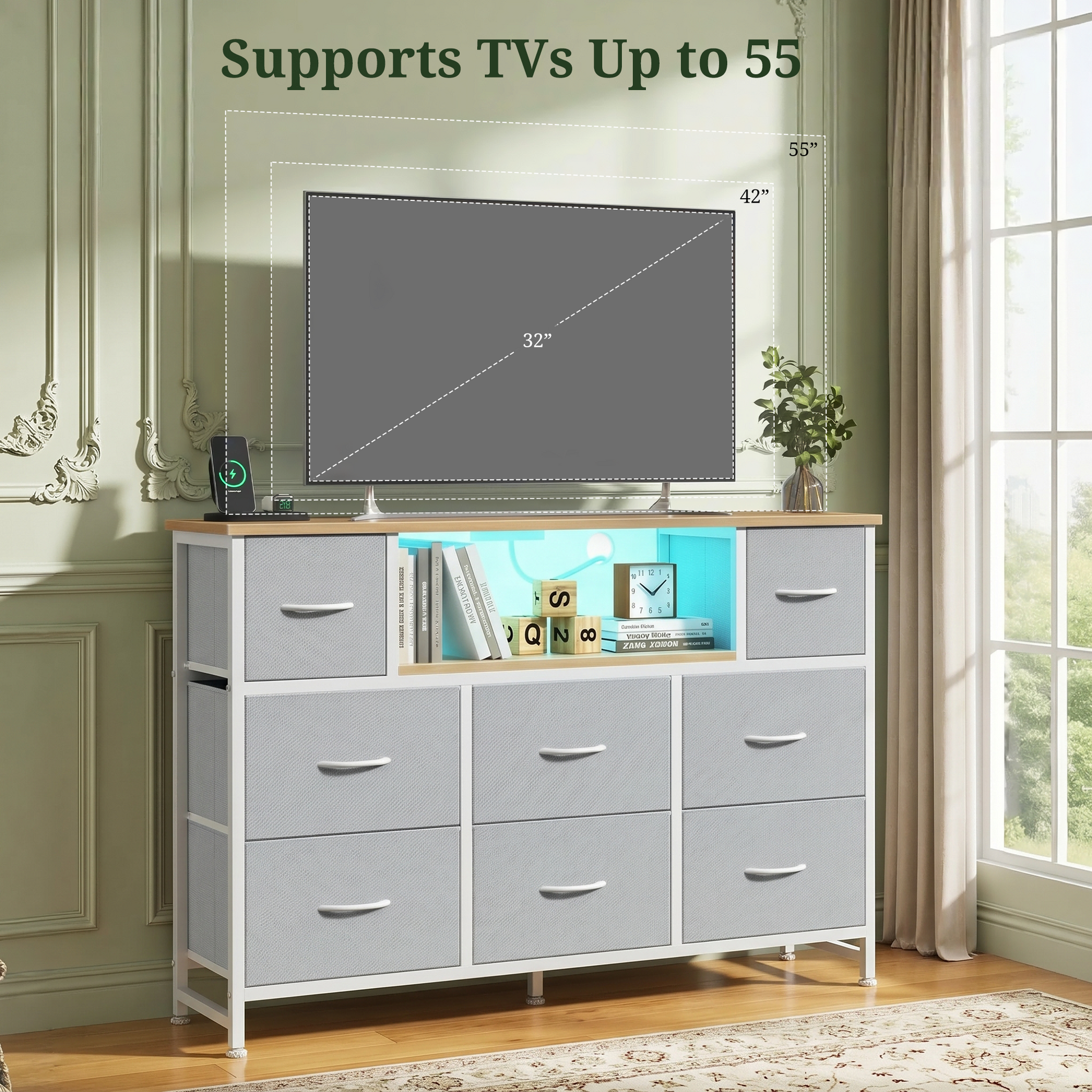 LIFERECORD Dresser TV Stand for 45-55 Inch, Chest of Drawers with LED Lights & USB Ports, Entertainment Center with Charging Station, Wood Top Media Console for Bedroom