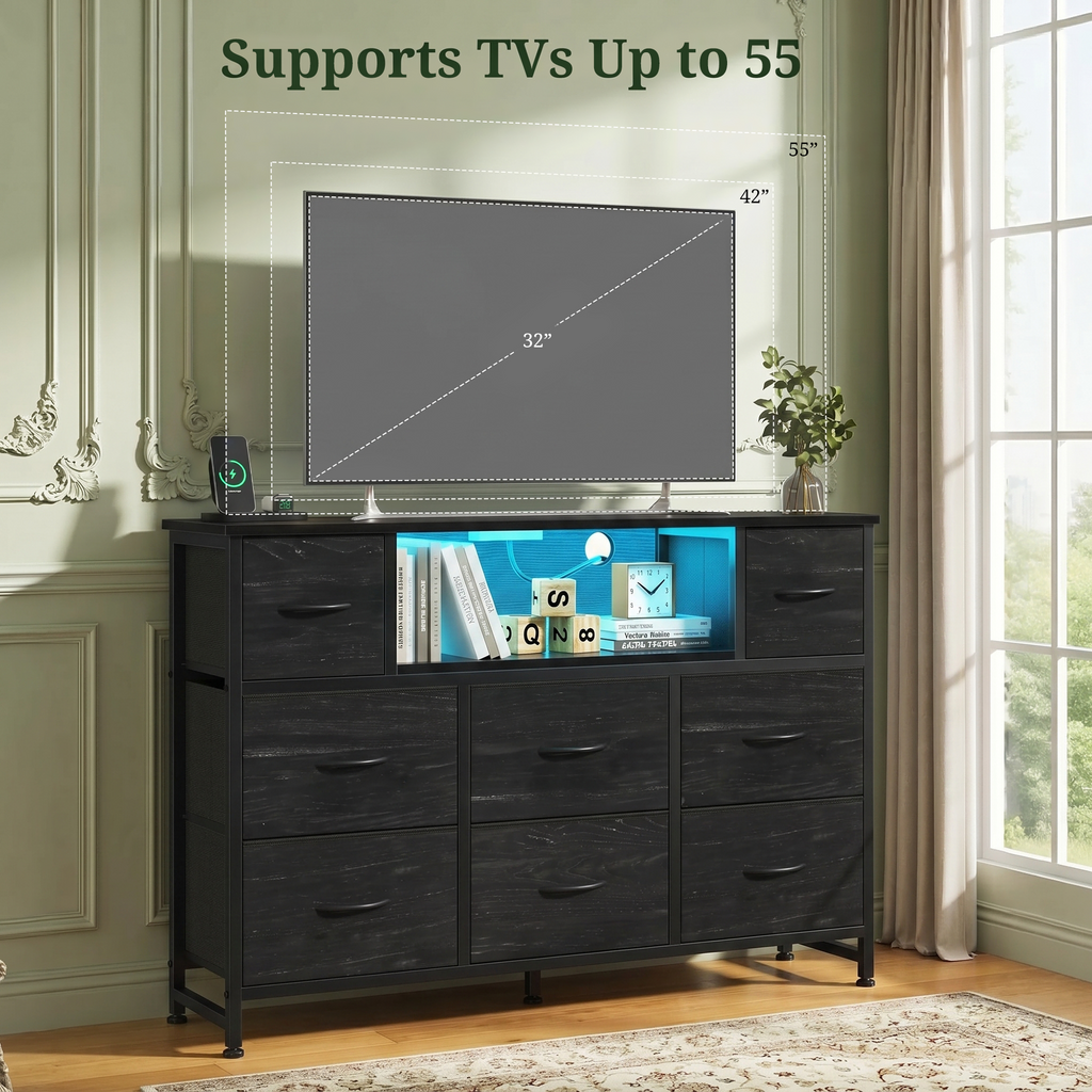 LIFERECORD Dresser TV Stand for 45-55 Inch, Chest of Drawers with LED Lights & USB Ports, Entertainment Center with Charging Station, Wood Top Media Console for Bedroom