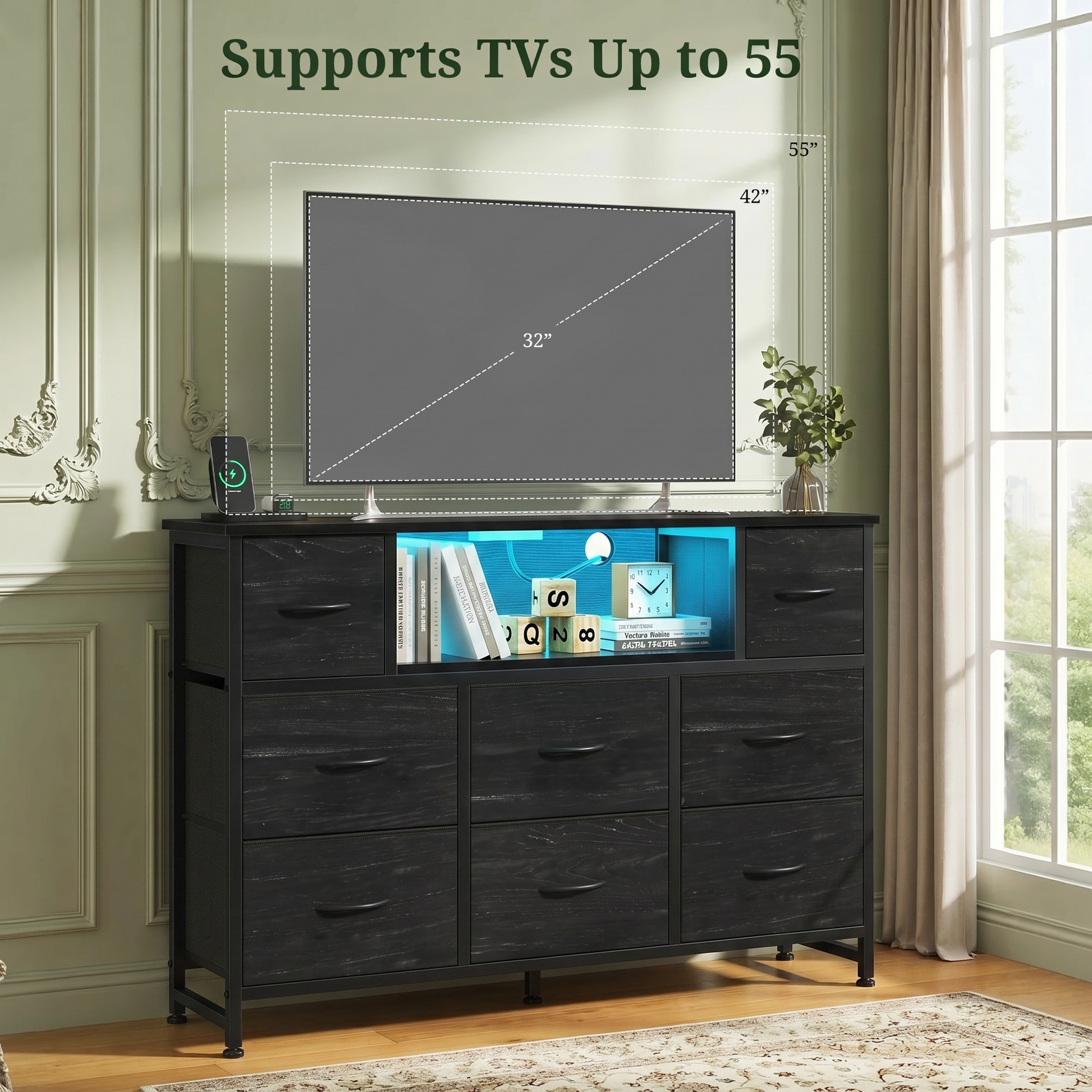 LIFERECORD Dresser TV Stand for 45-55 Inch, Chest of Drawers with LED Lights & USB Ports, Entertainment Center with Charging Station, Wood Top Media Console for Bedroom