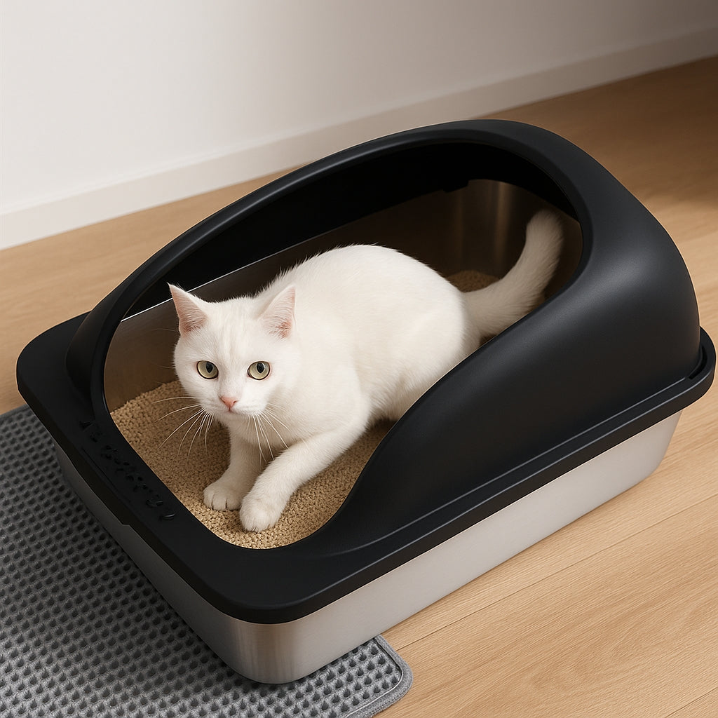LIFERECORD Stainless Steel Cat Litter Box, Large Metal Cat Litter Box, Scoop and Mat Included, Easy to Clean and Odor Resistant for Multiple Cats, Black