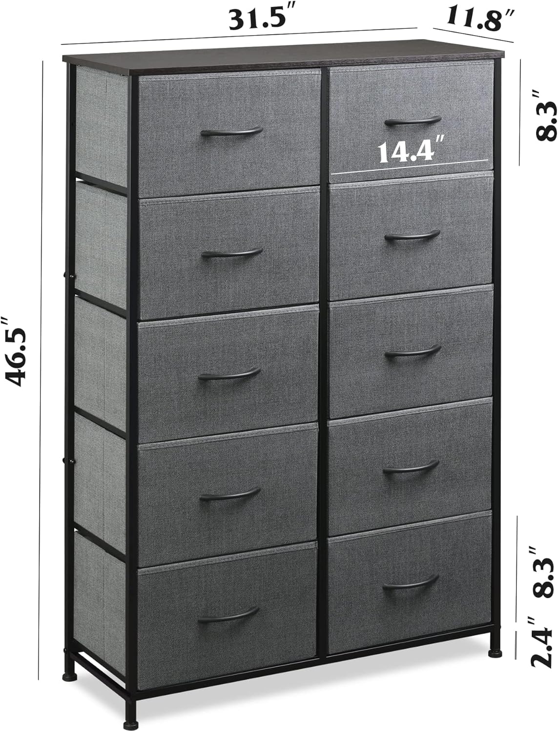 ACCVER 10-Drawer Fabric Dresser with Wood Top & Metal Frame, Closet and Chest for Bedroom, Clothes Storage Organizer, for Living Room, Apartment,Grey