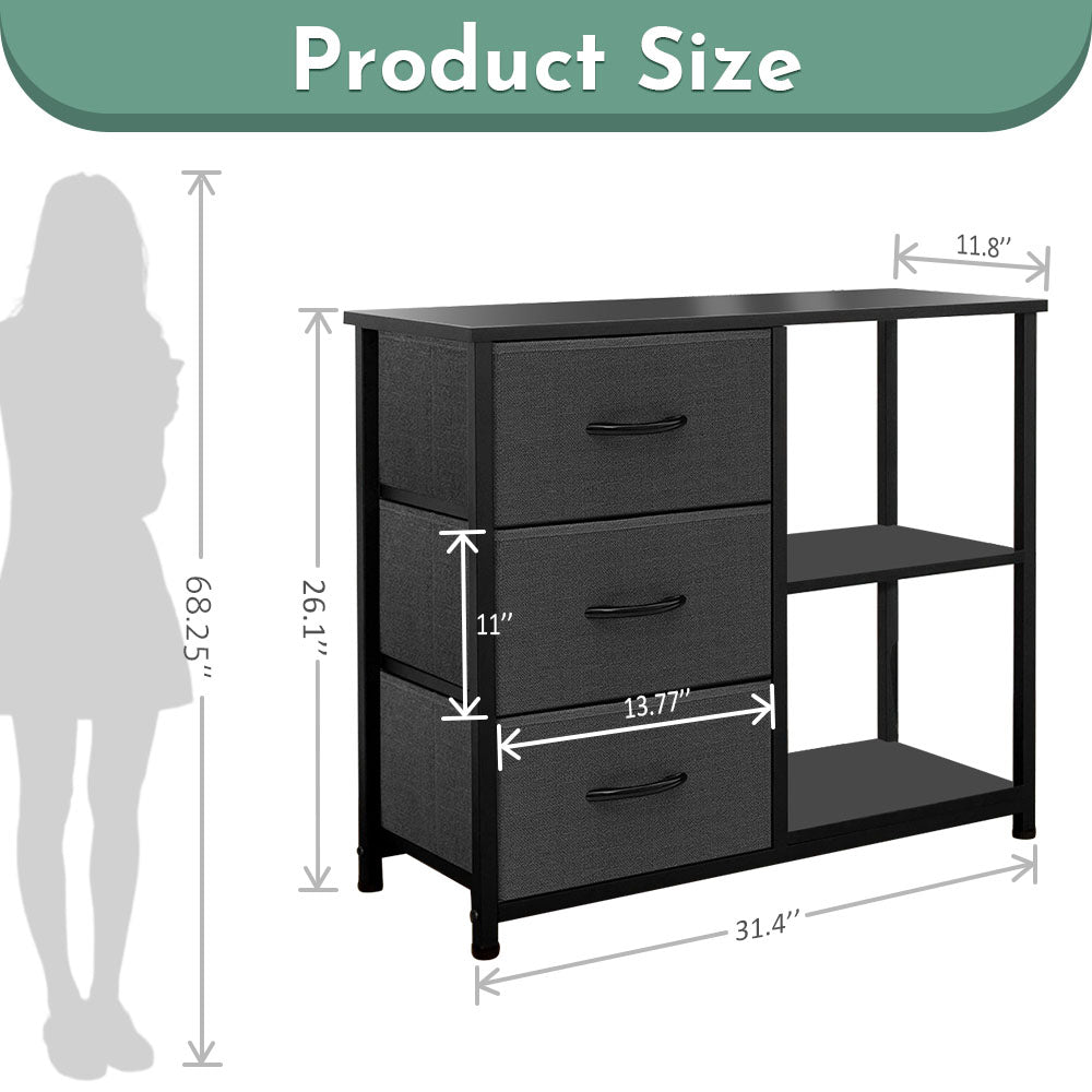 ACCVER 3-Drawer Fabric Dresser with Shelves, Closet and Chest for Bedroom, Clothes Storage Organizer, for Living Room, Apartment, Dark Grey
