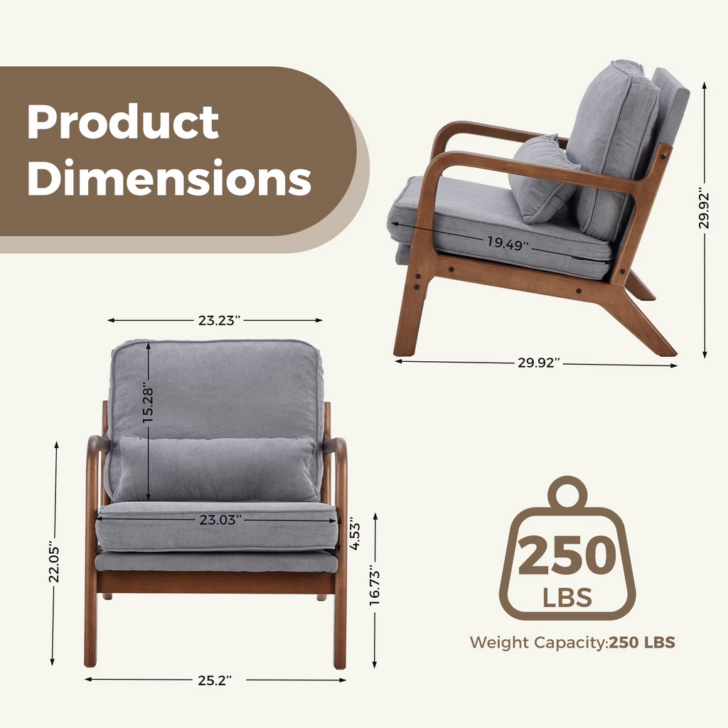 LIFERECORD Mid Century Modern Accent Chair, Reading Chair with Arms and Lumbar Cushion, Comfortable Lounge Chair for Living Room Bedroom, Solid Rubberwood Frame