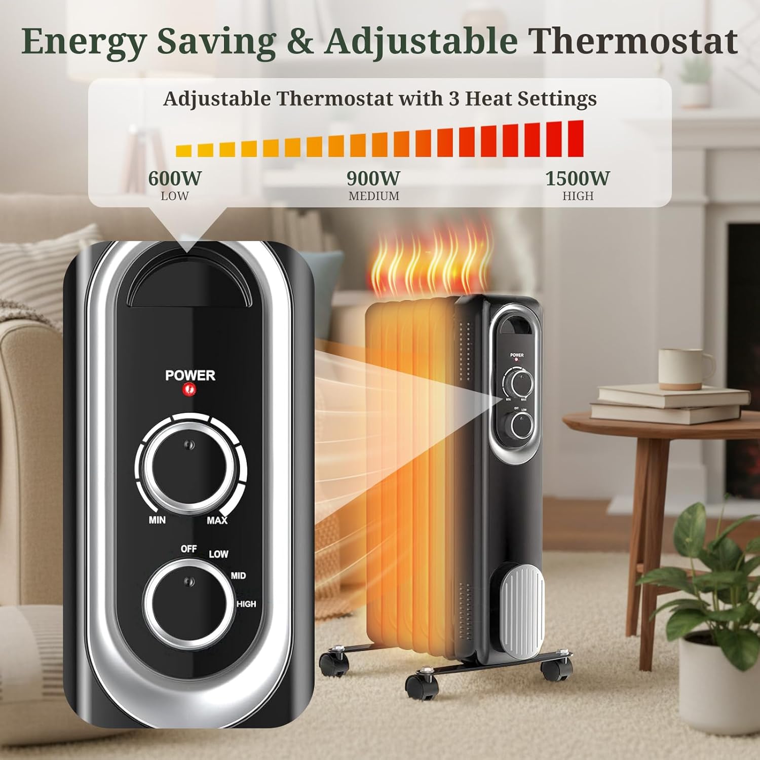 ROSVOVO 1500W Oil Filled Radiator Heater - 3 Heat Settings, Adjustable Thermostat, Ultra Quiet Portable Space Heater for Bedroom & Office, Black