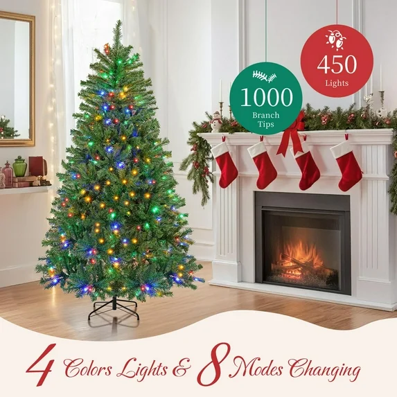 LIFERECORD 7.5ft Pre-lit Artificial Christmas Tree with 450 Color Changing LED Lights, 8 Modes Full Green PVC Xmas Tree with 1000 Branch Tips & Metal Stand for Party Decoration