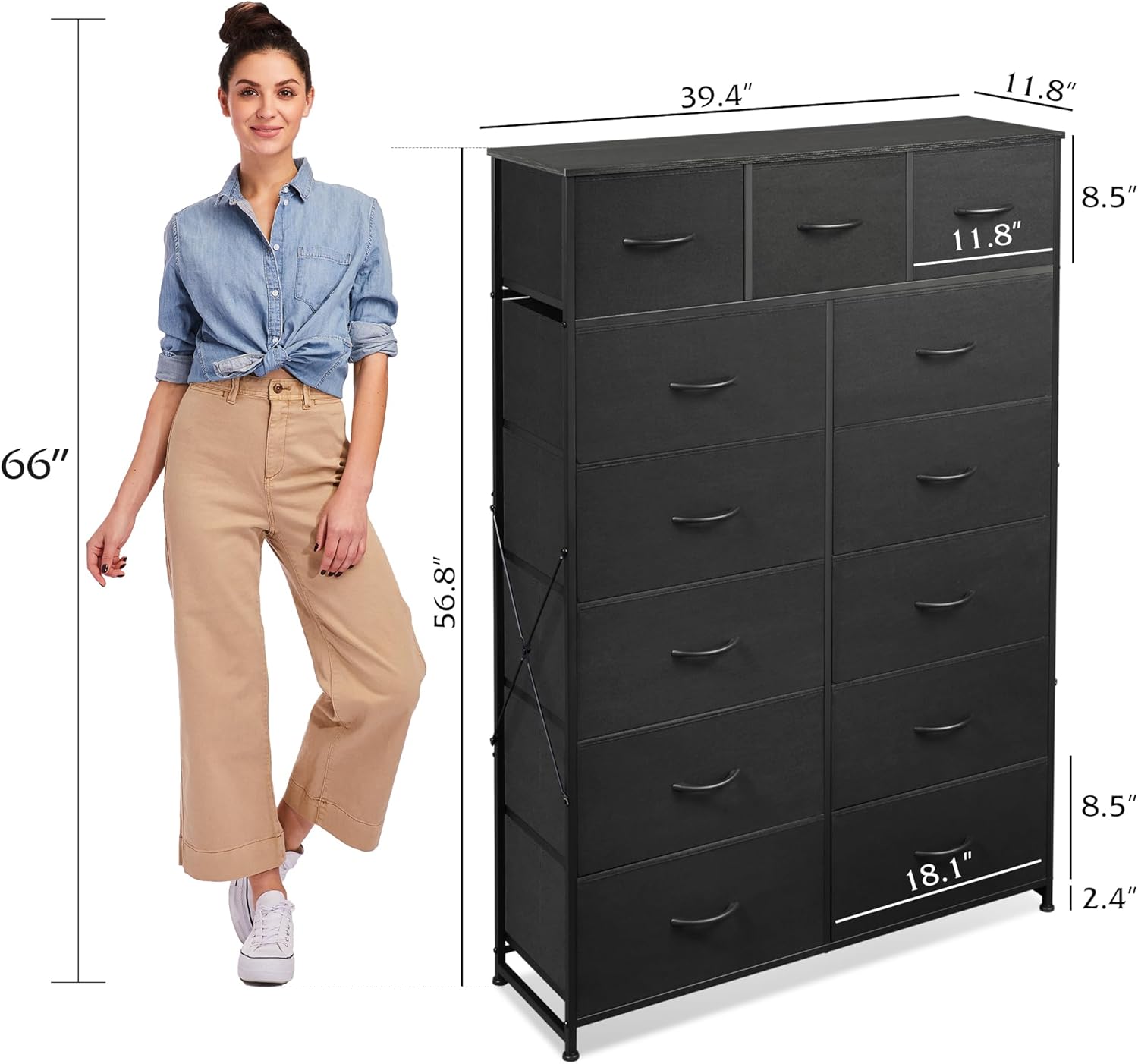 ACCVER 13-Drawer Fabric Dresser with Wood Top & Metal Frame, Closet and Chest for Bedroom, Clothes Storage Organizer, for Living Room, Apartment,Black
