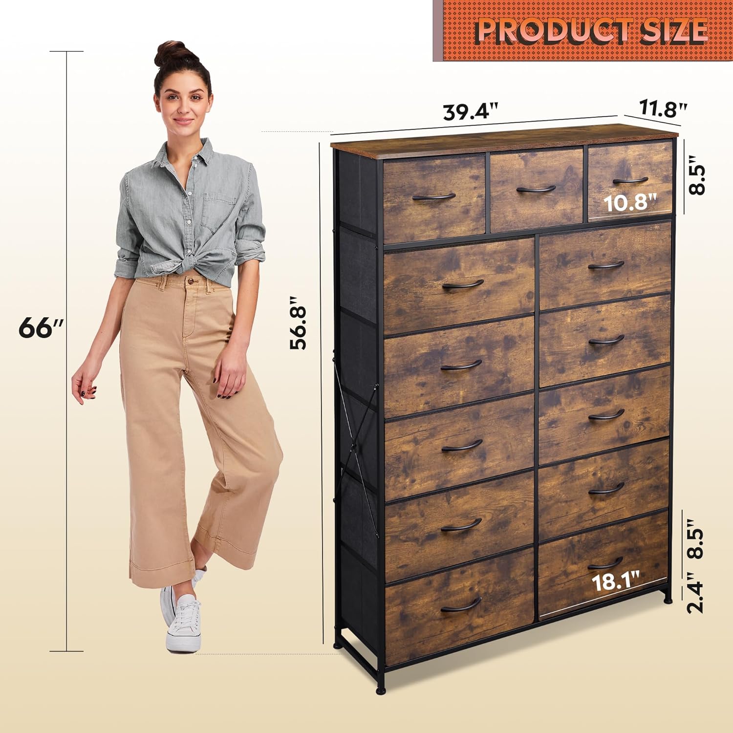 ACCVER 13-Drawer Fabric Dresser with Wood Top & Metal Frame, Closet and Chest for Bedroom, Clothes Storage Organizer, for Living Room, Apartment,Brown