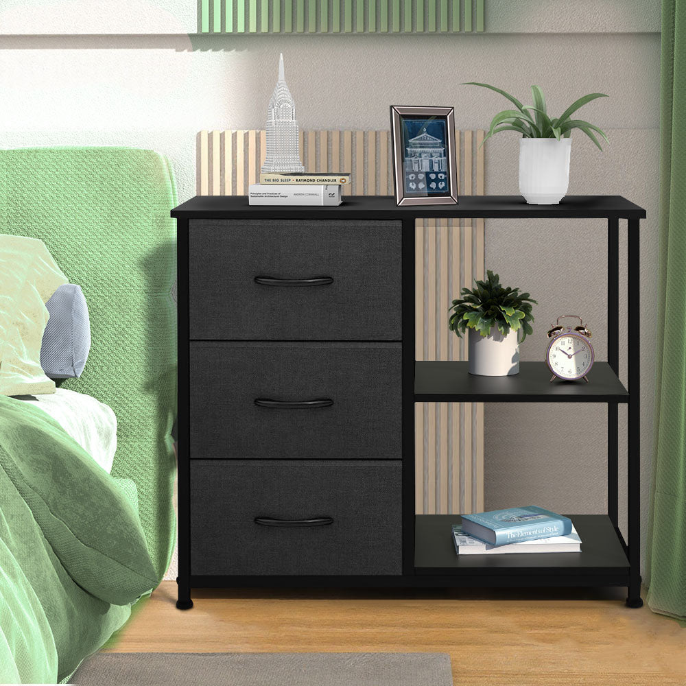 ACCVER 3-Drawer Fabric Dresser with Shelves, Closet and Chest for Bedroom, Clothes Storage Organizer, for Living Room, Apartment, Dark Grey