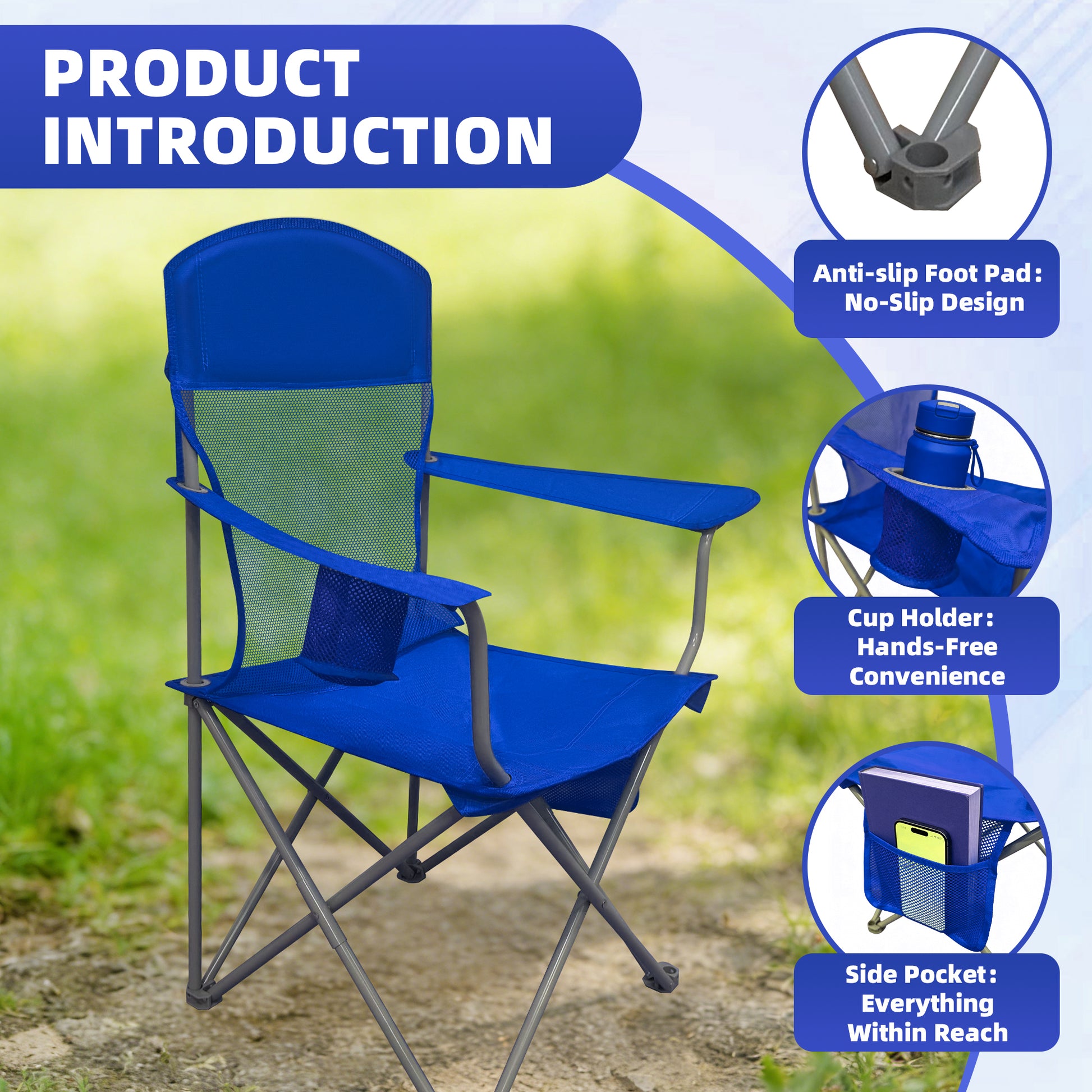 LIFERECORD Portable Camping Chair with Cup Holder & Side Pocket, Lightweight Folding Outdoor Chair for Beach, Fishing, Picnic, Heavy Duty 300LBS Capacity, Blue