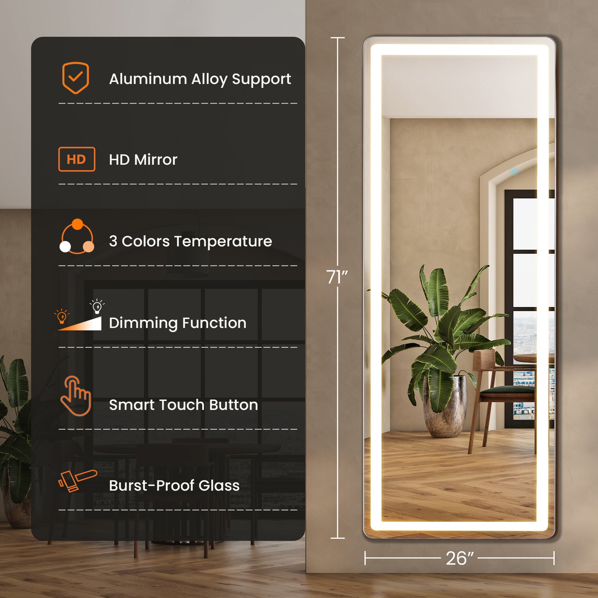 LIFERECORD 60"x16" Full Length Mirror with LED Lights, 3 Color Lighting Floor Standing Mirror with Dimming, Standing and Wall Mounted Mirror for Bedroom, Living Room, Cloakroom