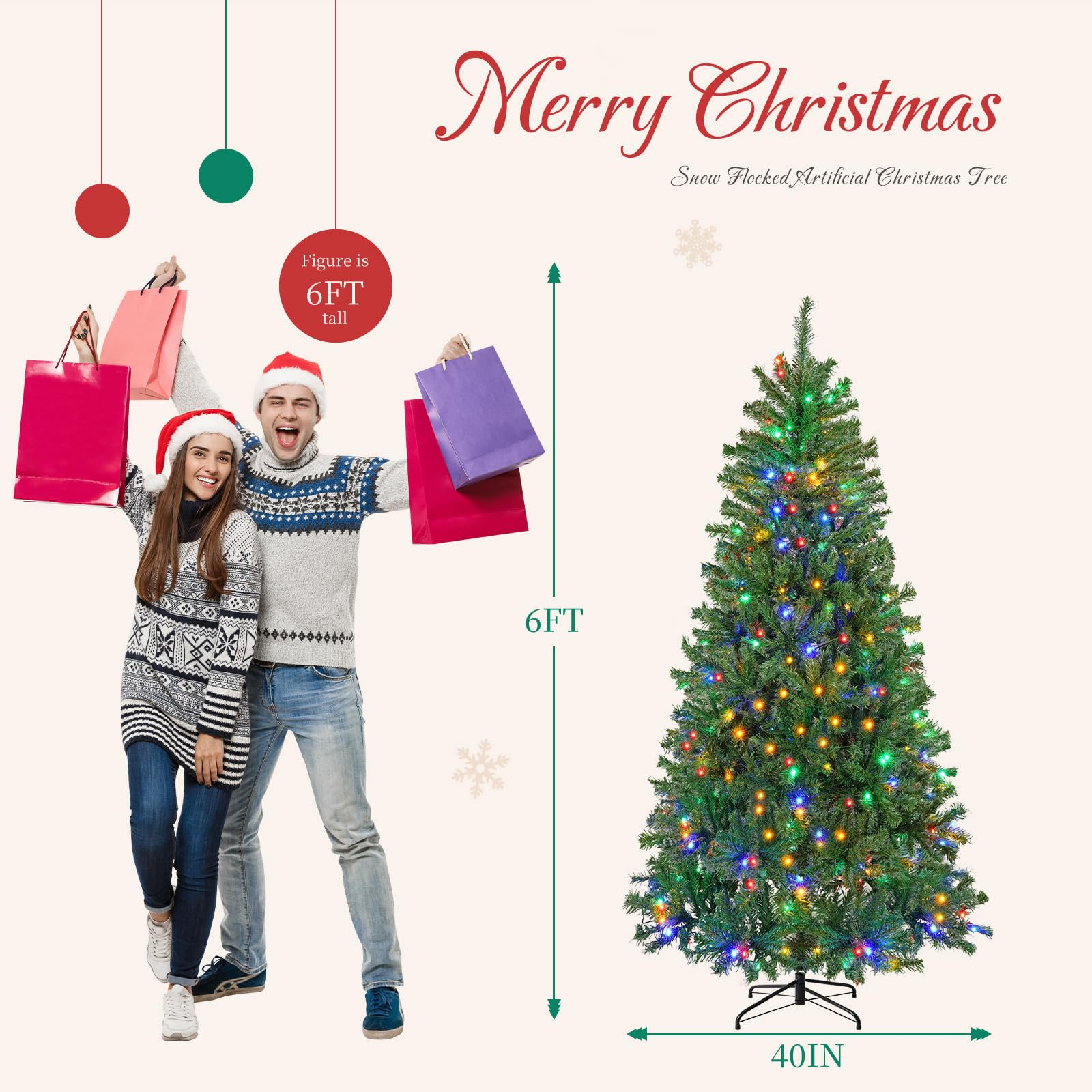 LIFERECORD 6ft Pre-lit Artificial Christmas Tree with 250 Color Changing LED Lights, 8 Modes Full Green PVC Xmas Tree with 700 Branch Tips & Metal Stand for Party Decoration