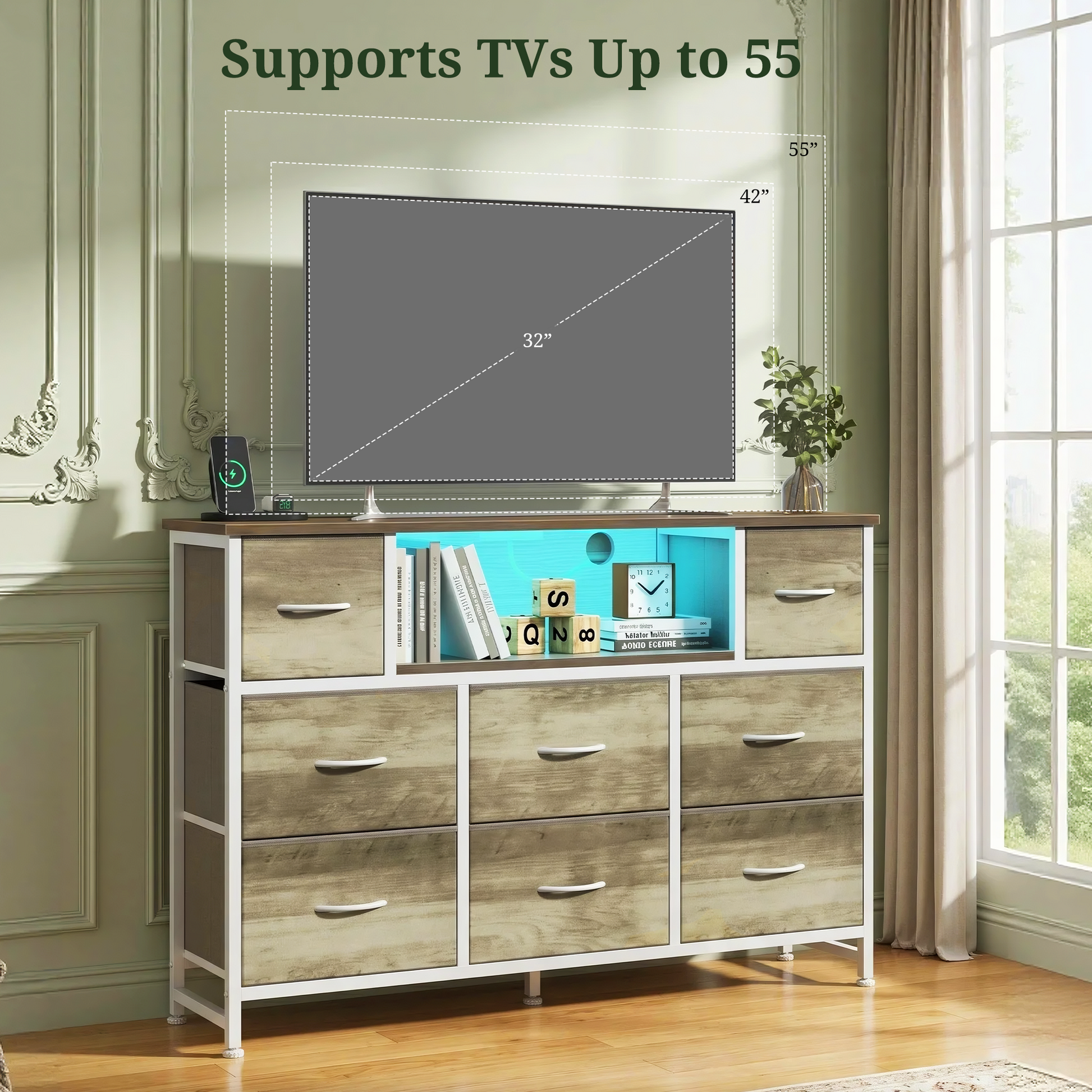 LIFERECORD Dresser TV Stand for 45-55 Inch, Chest of Drawers with LED Lights & USB Ports,, Entertainment Center with Charging Station, Wood Top Media Console for Bedroom