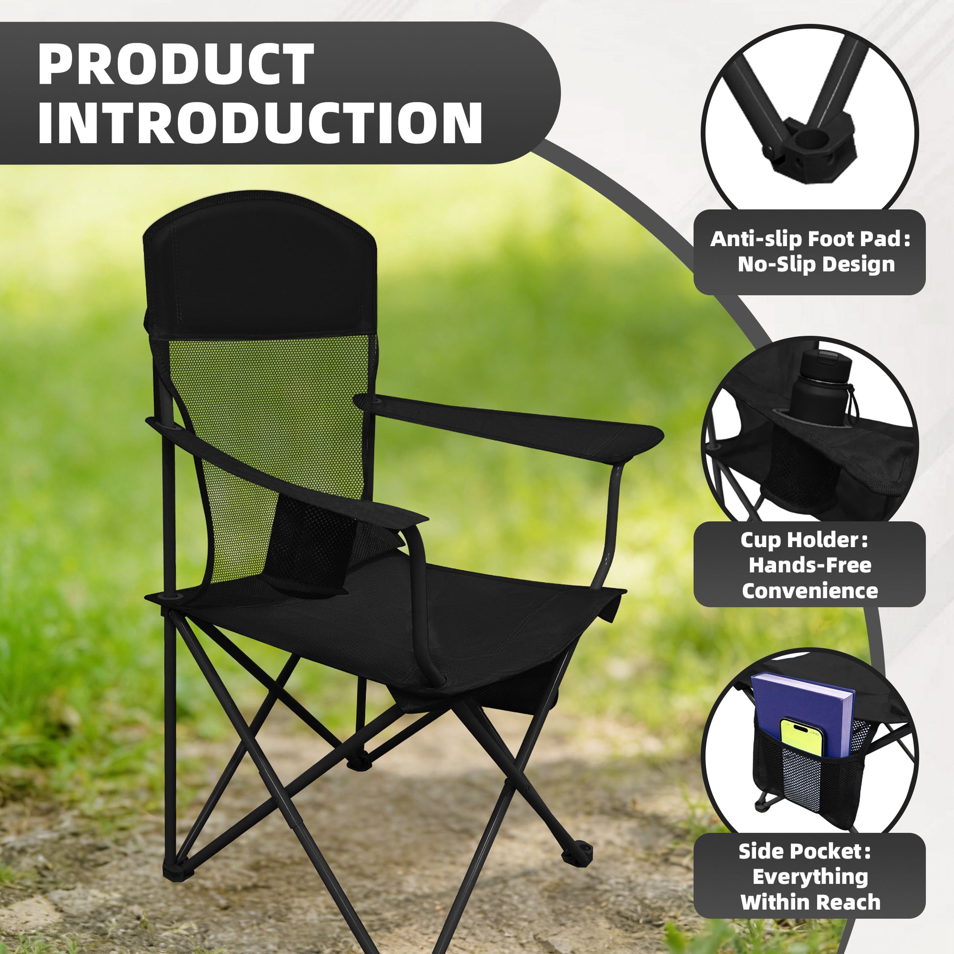 LIFERECORD Portable Camping Chair with Cup Holder & Side Pocket, Lightweight Folding Outdoor Chair for Beach, Fishing, Picnic, Heavy Duty 300LBS Capacity, Black