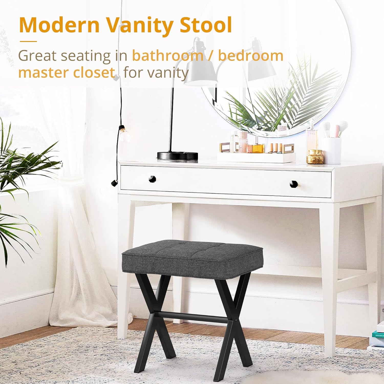 LIFERECORD Square Linen Makeup Stool with X-Leg Base - Modern Padded Vanity Stool & Foot Rest for Bedroom and Bathroom, Gray