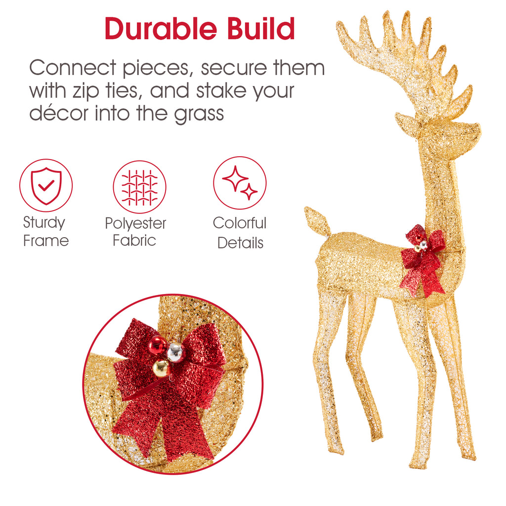 LIFERECORD 4 FT Christmas Lighted Reindeer & Santa's Sleigh, Indoor/Outdoor Xmas Pre-Lit Yard Decoration with 180 LED Lights, Stakes & Zip Ties, Festive Holiday Decoration for Lawn & Garden, Gold