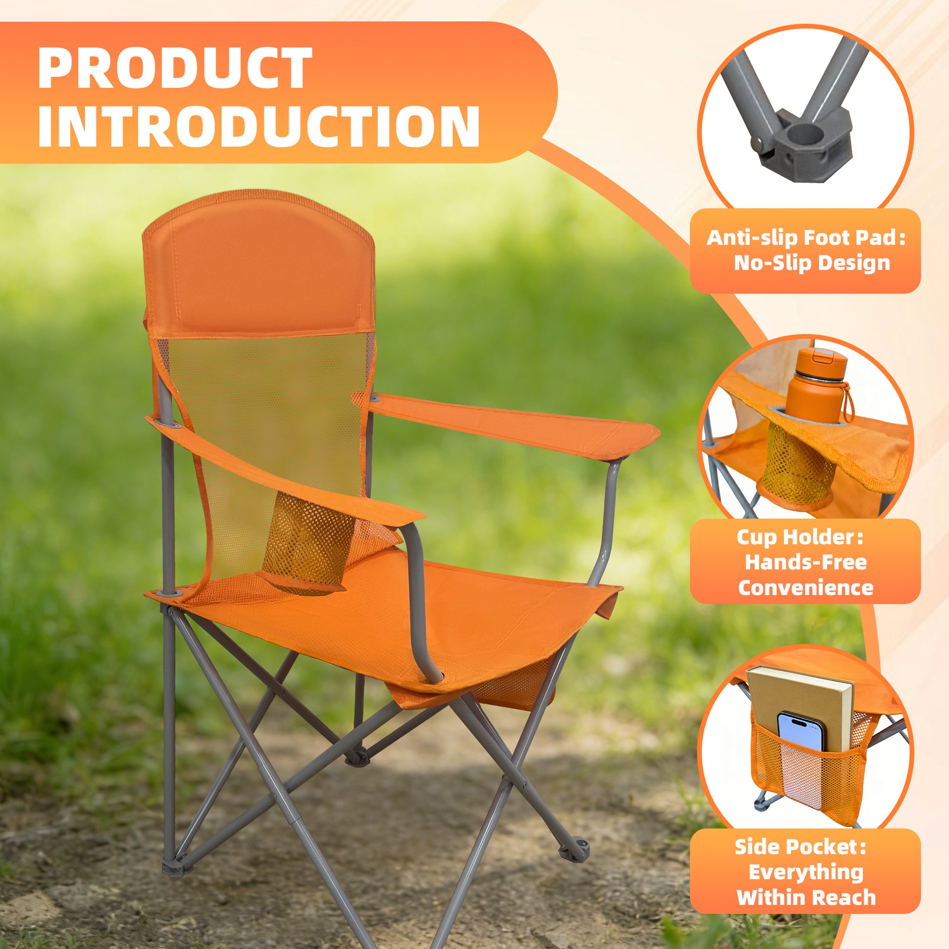 LIFERECORD Portable Camping Chair with Cup Holder & Side Pocket, Lightweight Folding Outdoor Chair for Beach, Fishing, Picnic, Heavy Duty 300LBS Capacity, Orange
