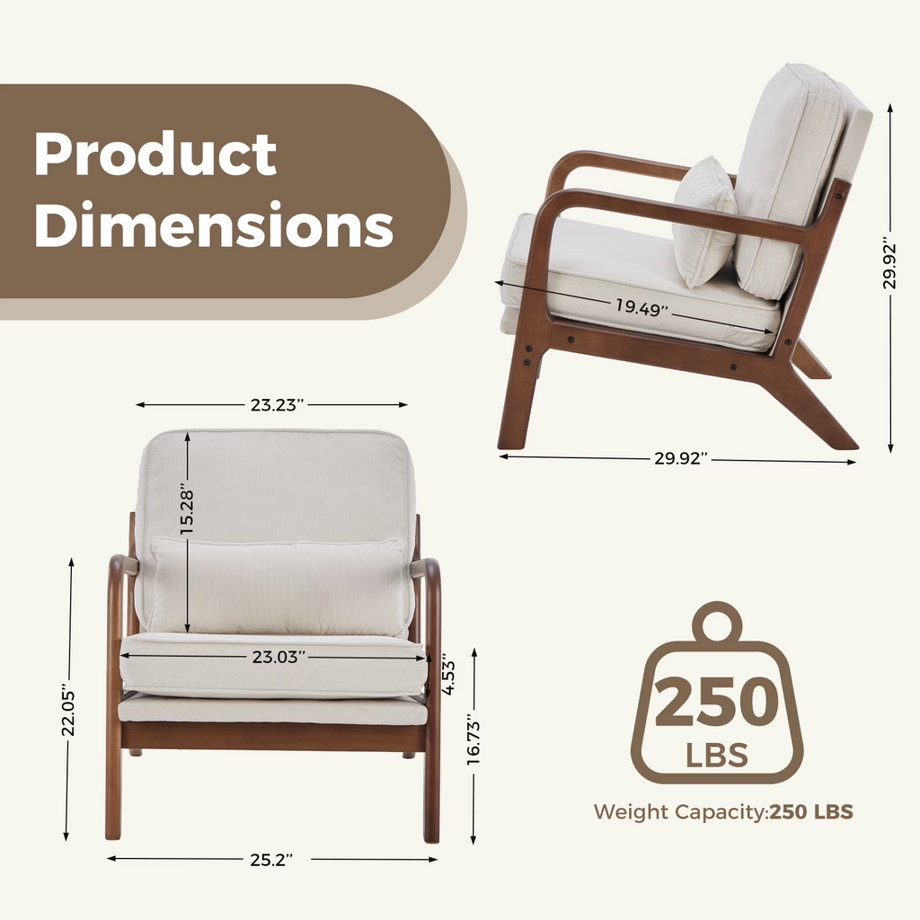 LIFERECORD Mid Century Modern Accent Chair, Reading Chair with Arms and Lumbar Cushion, Comfortable Lounge Chair for Living Room Bedroom, Solid Rubberwood Frame