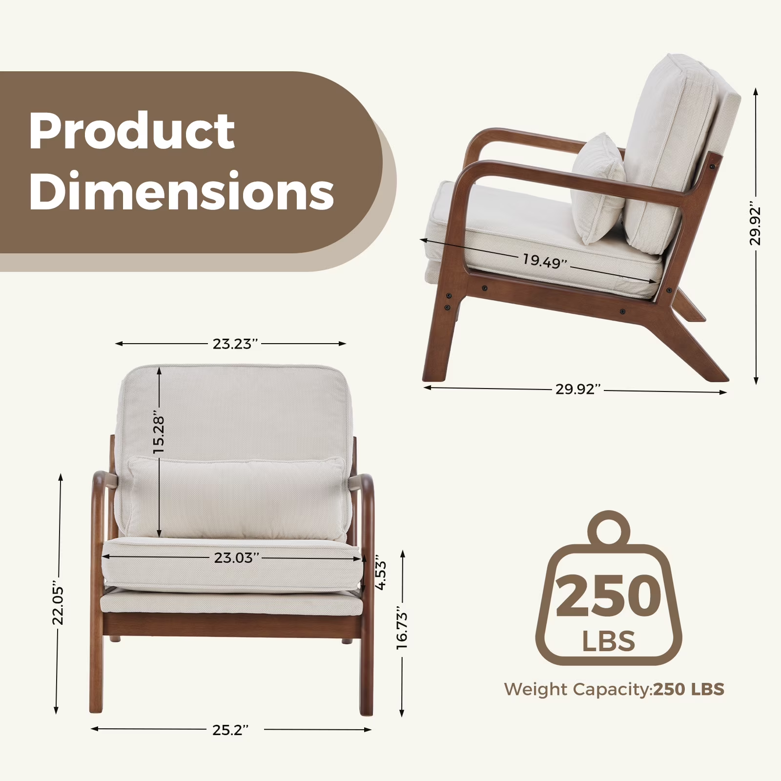 LIFERECORD Mid Century Modern Accent Chair, Reading Chair with Arms and Lumbar Cushion, Comfortable Lounge Chair for Living Room Bedroom, Solid Rubberwood Frame