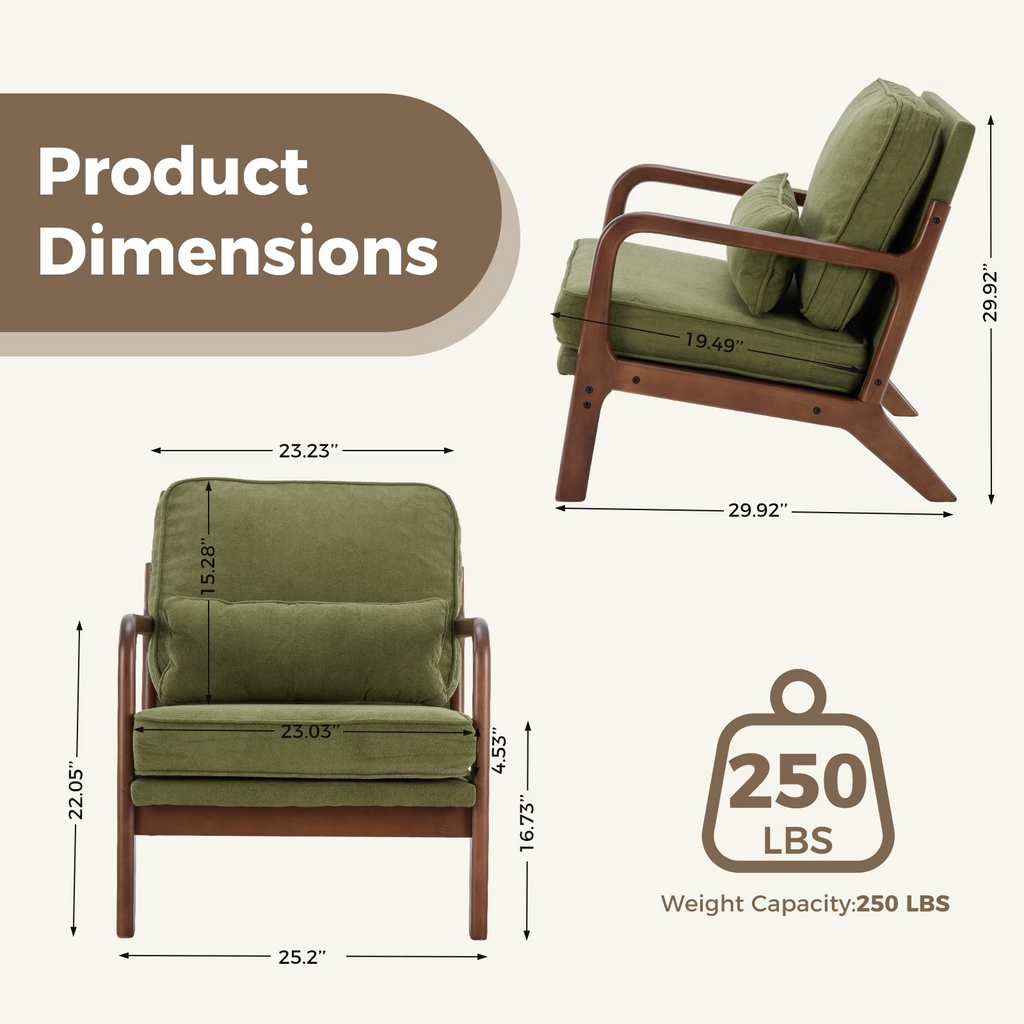 LIFERECORD Mid Century Modern Accent Chair, Reading Chair with Arms and Lumbar Cushion, Comfortable Lounge Chair for Living Room Bedroom, Solid Rubberwood Frame