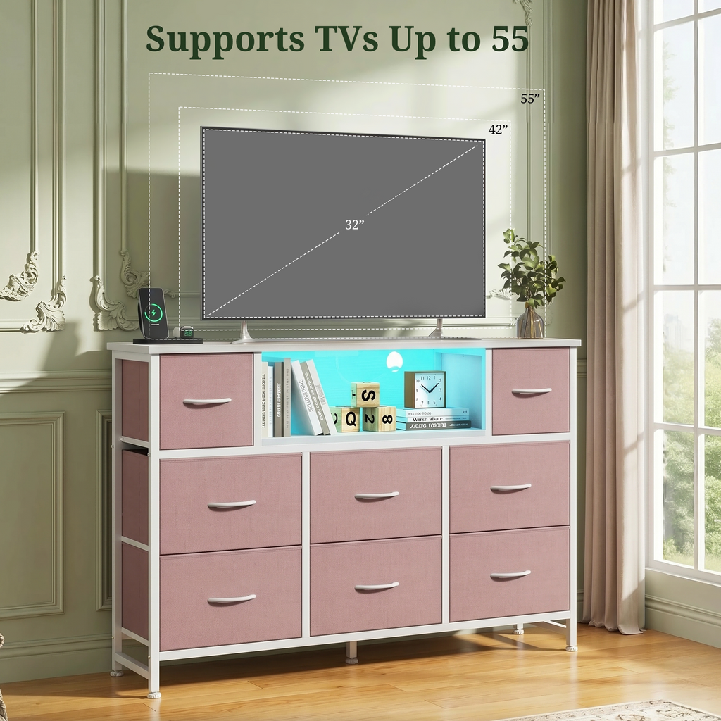 LIFERECORD Dresser TV Stand for 45-55 Inch, Chest of Drawers with LED Lights & USB Ports, Entertainment Center with Charging Station, Wood Top Media Console for Bedroom