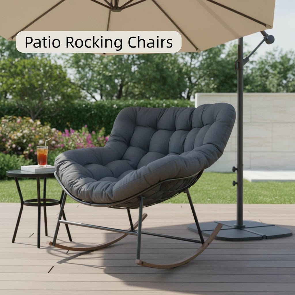 ACCVER Outdoor Rocking Chair E-Coated Rocking Chair with Cushion Outdoor Rocker Recliner Chair for Patio Porch Garden Backyard, Light Gray