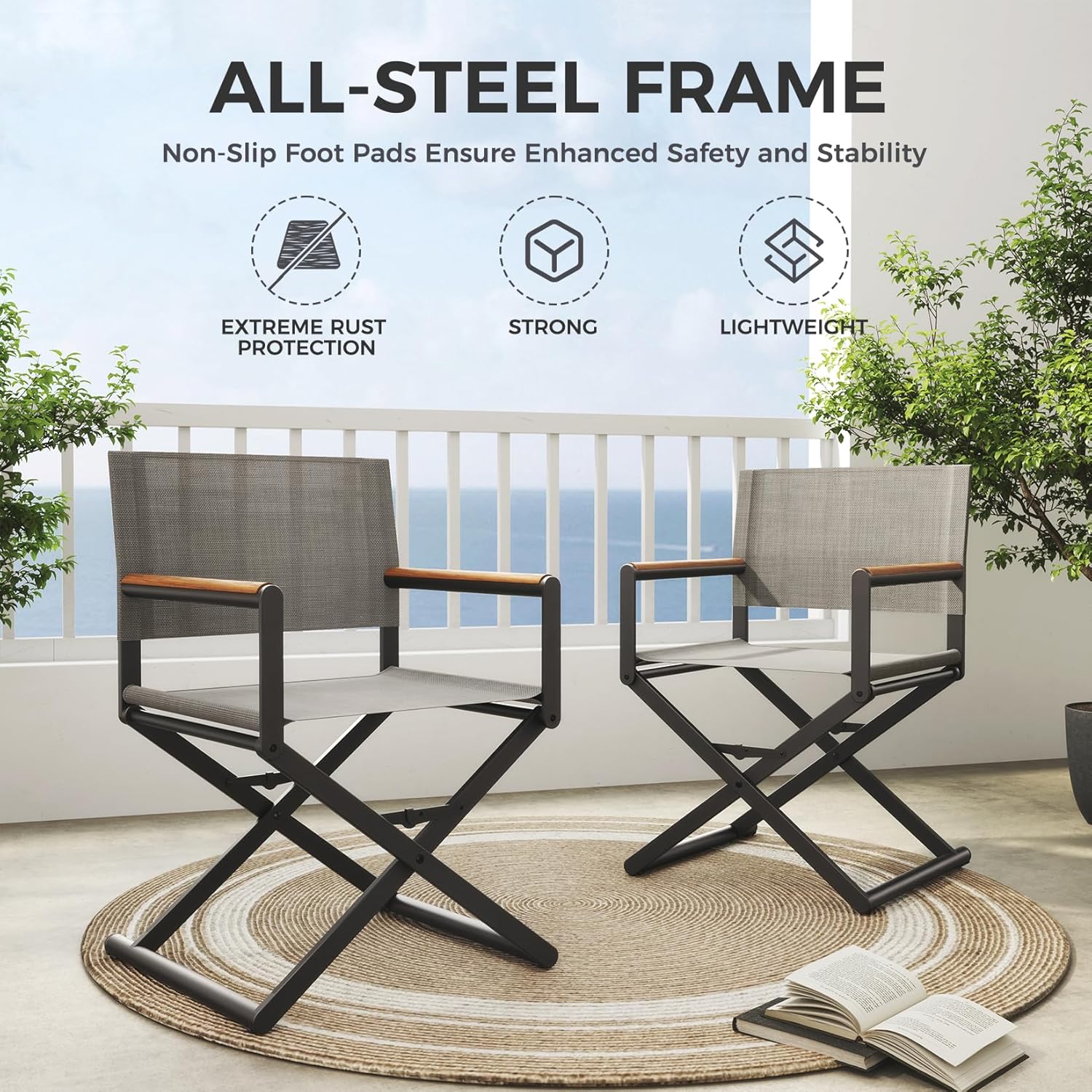 LIFERECORD Extra-Wide 2-Pack Directors Chairs, Outdoor Folding Chairs with UV-Resistant Mesh Sling for Camping, Patio, Poolside, Grey