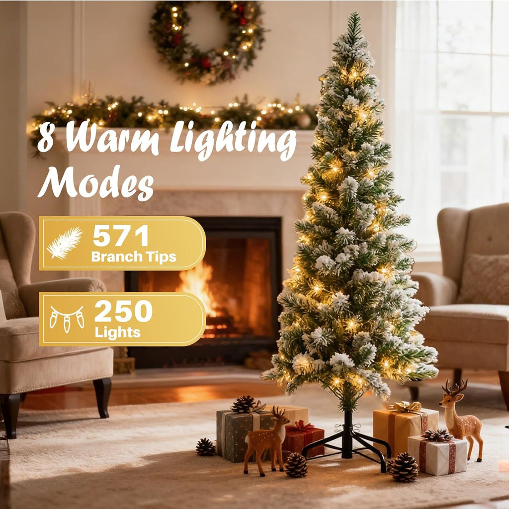 LIFERECORD 6ft Prelit Artificial Hinged Slim Pencil Christmas Tree with 250 Lights, 571 Full Branch Tips, 8 Warm Lingting Motes Perfect Decoration for Xmas Holiday, White