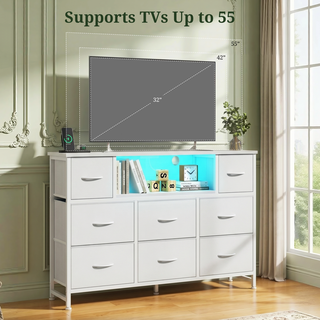 LIFERECORD Dresser TV Stand for 45-55 Inch, Chest of Drawers with LED Lights & USB Ports, Entertainment Center with Charging Station, Wood Top Media Console for Bedroom
