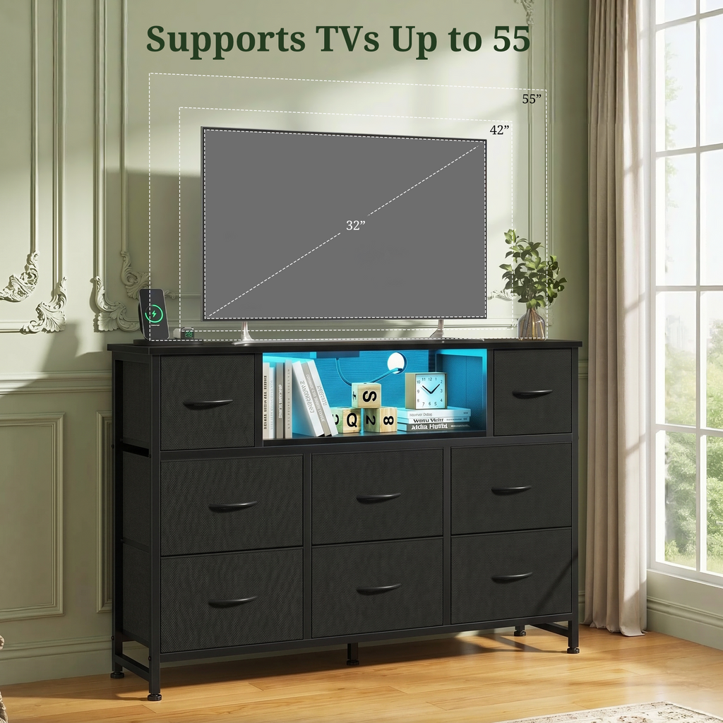 LIFERECORD Dresser TV Stand for 45-55 Inch, Chest of Drawers with LED Lights & USB Ports, Entertainment Center with Charging Station, Wood Top Media Console for Bedroom