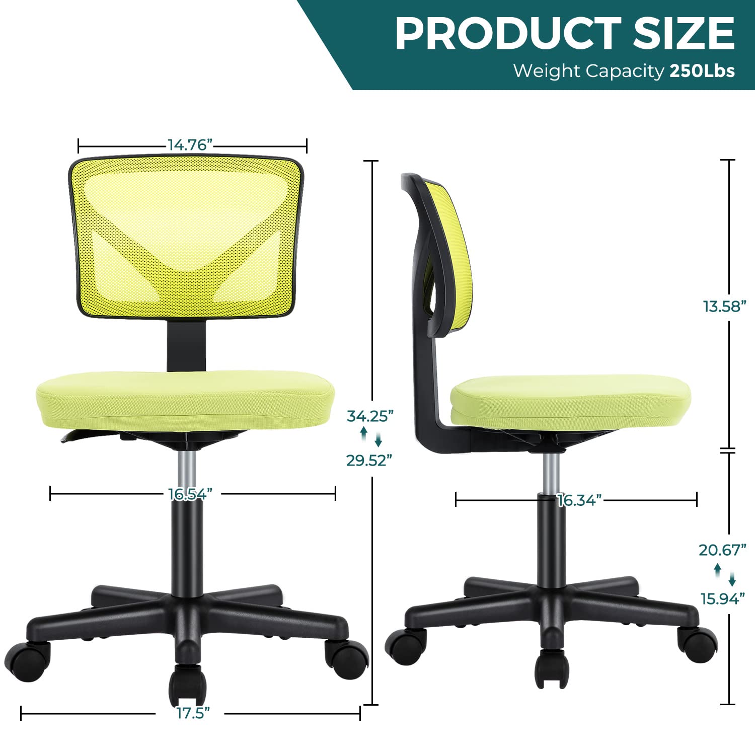 LIFERECORD Ergonomic Armless Office Chair, Swivel Rolling Mesh Desk Chair with Lumbar Support, Adjustable Height Low-Back Computer Chair for Small Spaces, Home, Bedroom, Office