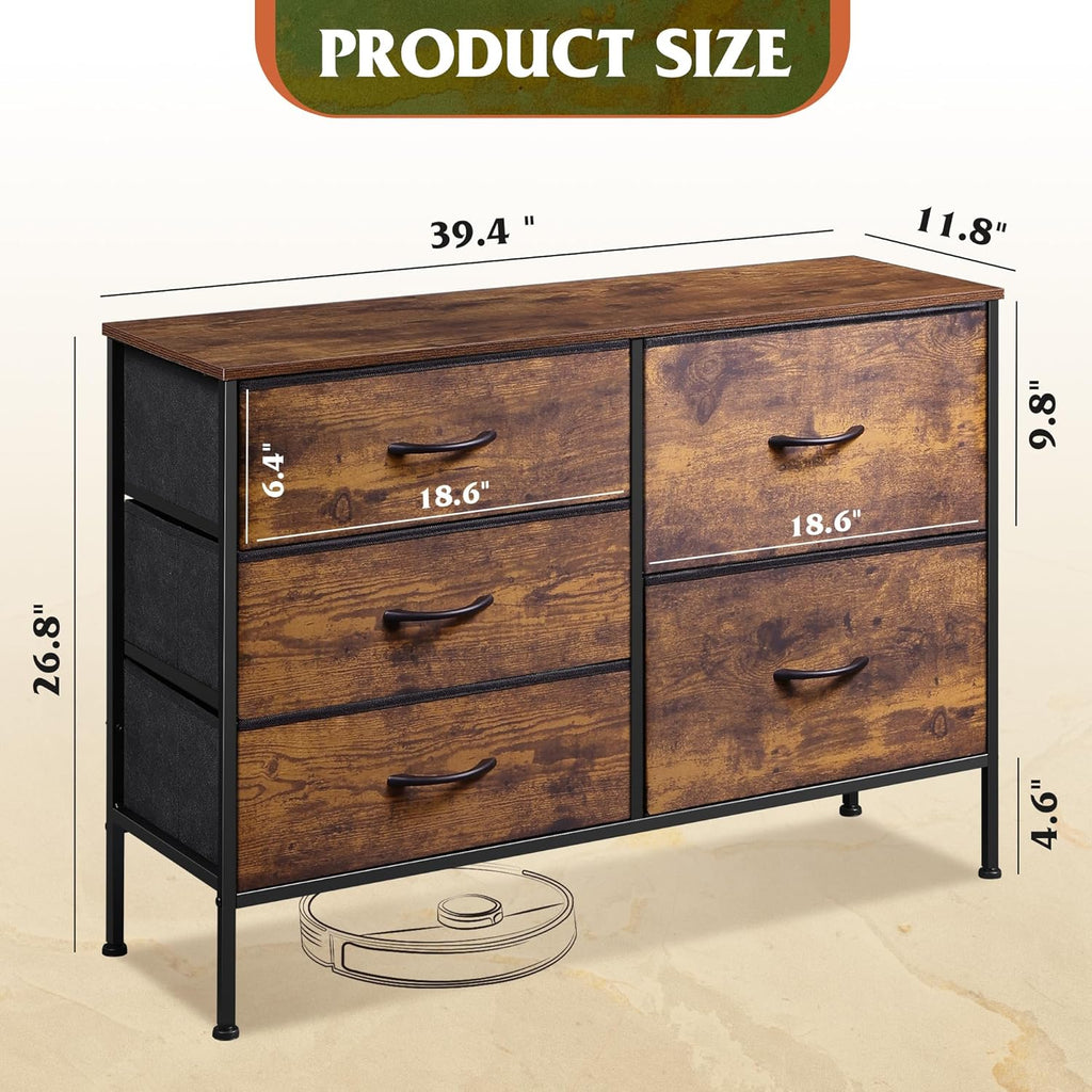 LIFERECORD 5 Drawer Fabric Dresser for Bedroom and Living Room, Chest of Drawer Organizer Storage Cabinet for Closet, Entryway, Brown