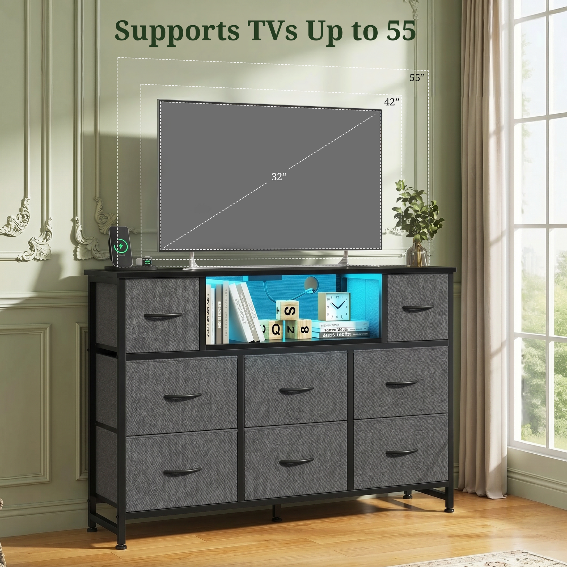 LIFERECORD Dresser TV Stand for 45-55 Inch, Chest of Drawers with LED Lights & USB Ports, Entertainment Center with Charging Station, Wood Top Media Console for Bedroom