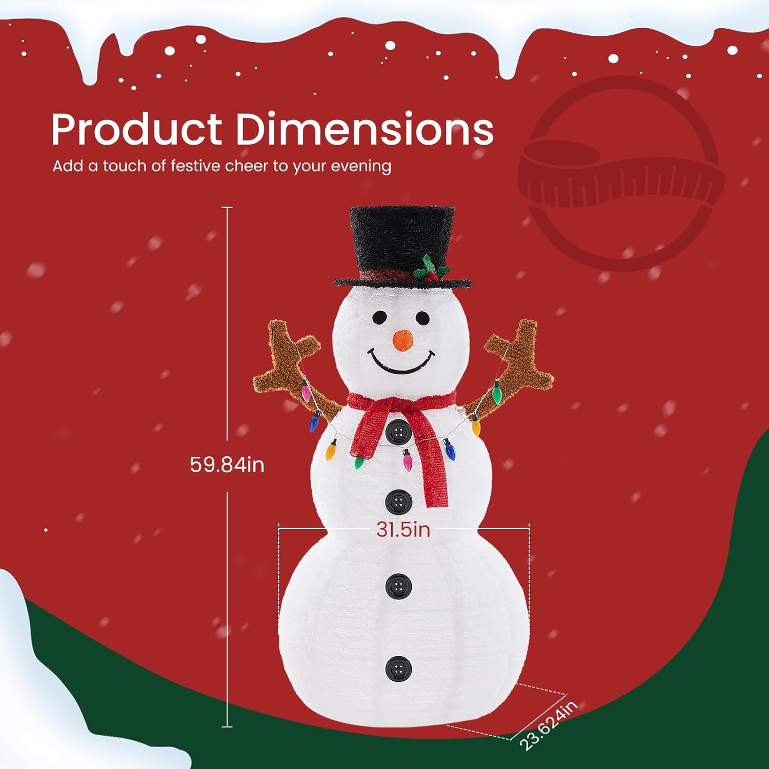 LIFERECORD 5ft Lighted Pop-Up Snowman, Large White Outdoor Christmas Holiday Decoration with 200 LED Lights, Hat, Scarf, Multicolored Lights,White/Red