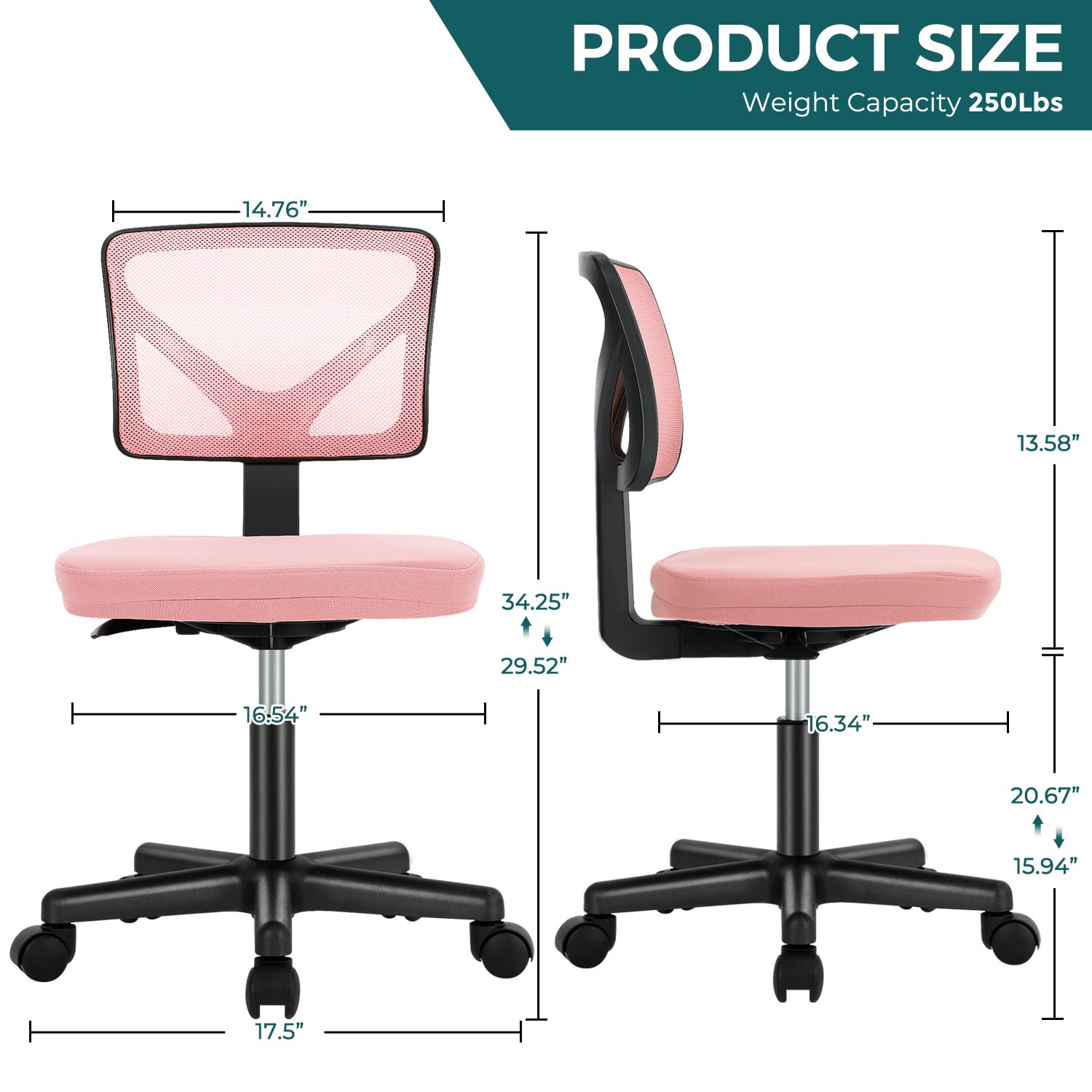 LIFERECORD Ergonomic Armless Office Chair, Swivel Rolling Mesh Desk Chair with Lumbar Support, Adjustable Height Low-Back Computer Chair for Small Spaces, Home, Bedroom, Office