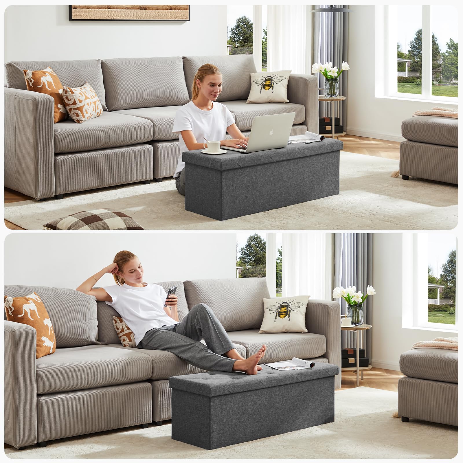 ACCVER 43 Inches Foldable Storage Ottoman Bench - 660lbs Large Padded Seat Foot Rest w/ 154L Storage Chest, for Bedroom, Living Room & Entryway, Linen Grey