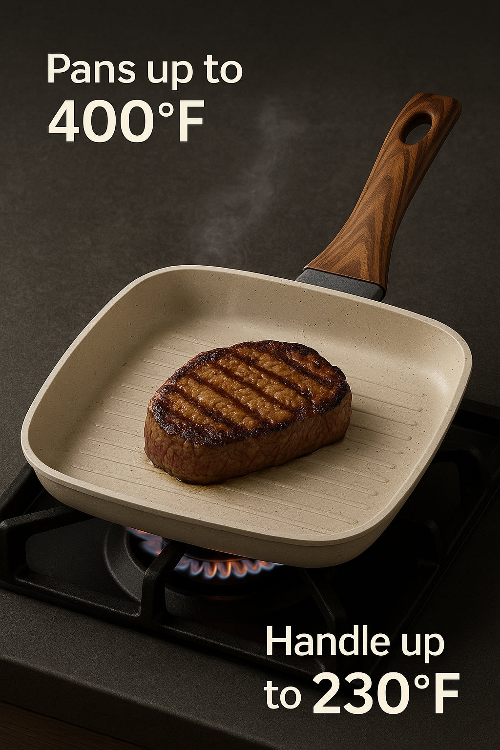 LIFERECORD Non Stick 3-Piece Kitchen Frying pan Skillet Set, 3 Piece Square Grill Pans (9.5", 10", 11") with Removable Handle, Compatible with All Stovetops, Beige