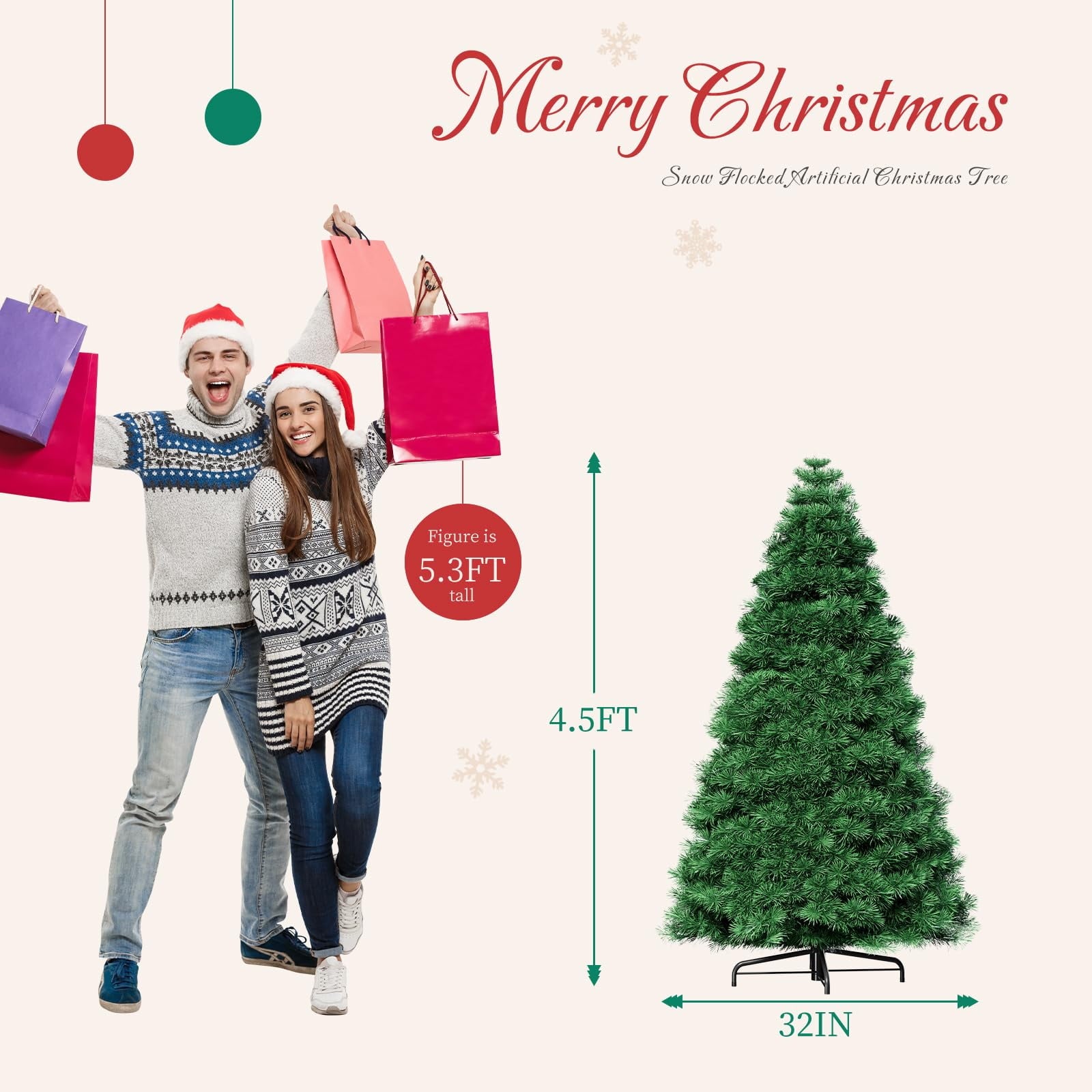 LIFERECORD 4.5ft Pre-lit Artificial Christmas Tree with 120 Color Changing LED Lights, 8 Modes Full Green PVC Xmas Tree with 347 Branch Tips & Metal Stand for Party Decoration