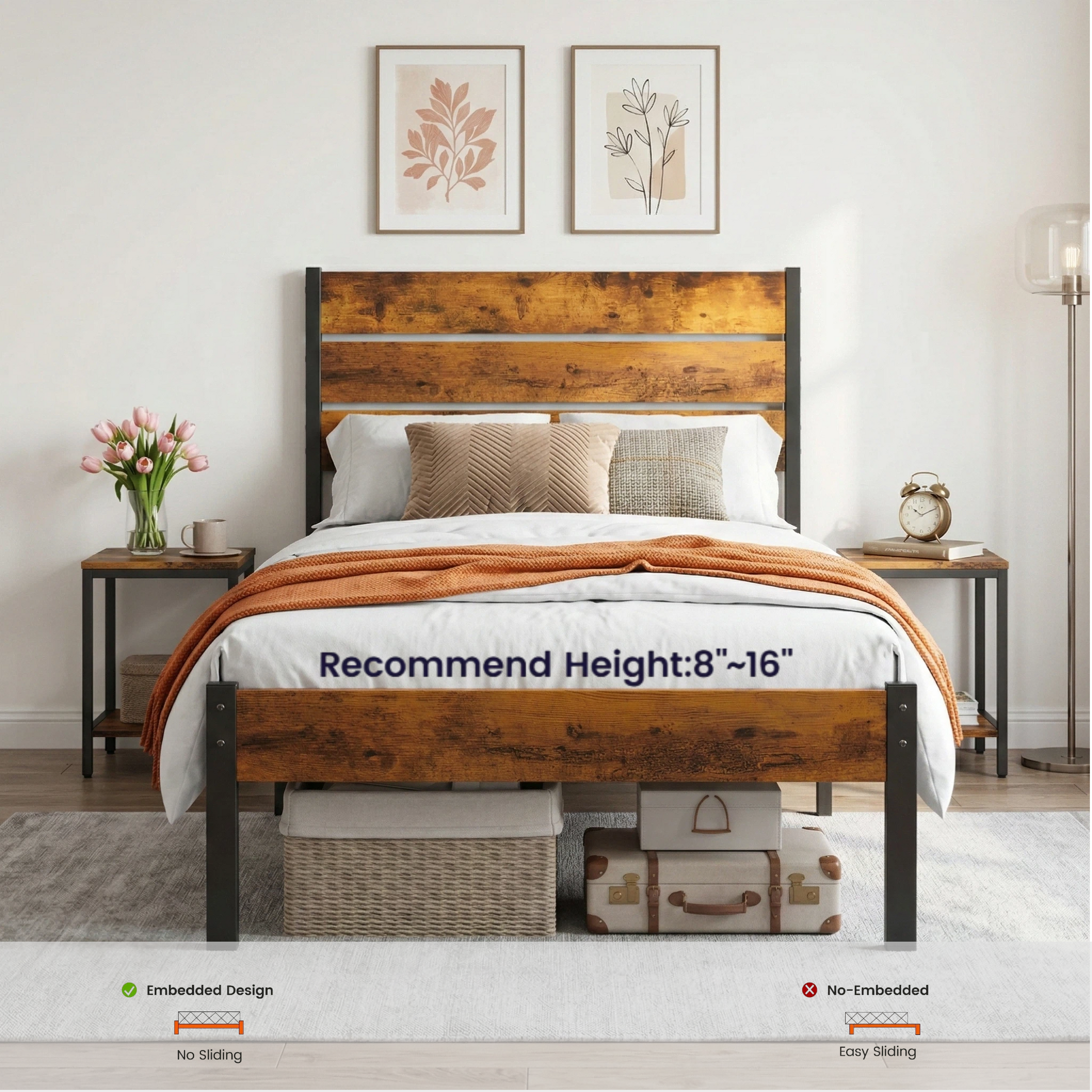 LIFERECORD Twin Size Bed Frame with Headboard, 800LBS Heavy Duty Metal Support, 12.8" Under Bed Storage, No Box Spring Needed, Easy Assembly, Noise Free, Rust Brown