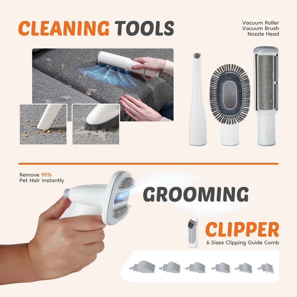 LIFERECORD Dog Grooming Kit with Vacuum, Cordless Pet Grooming Vacuum for Dogs and Cats, Low Noise Pet Hair Clipper & Shedding Brush, Dog Hair Trimmer, Pet Groomer Set with Cleaning Brushes, White