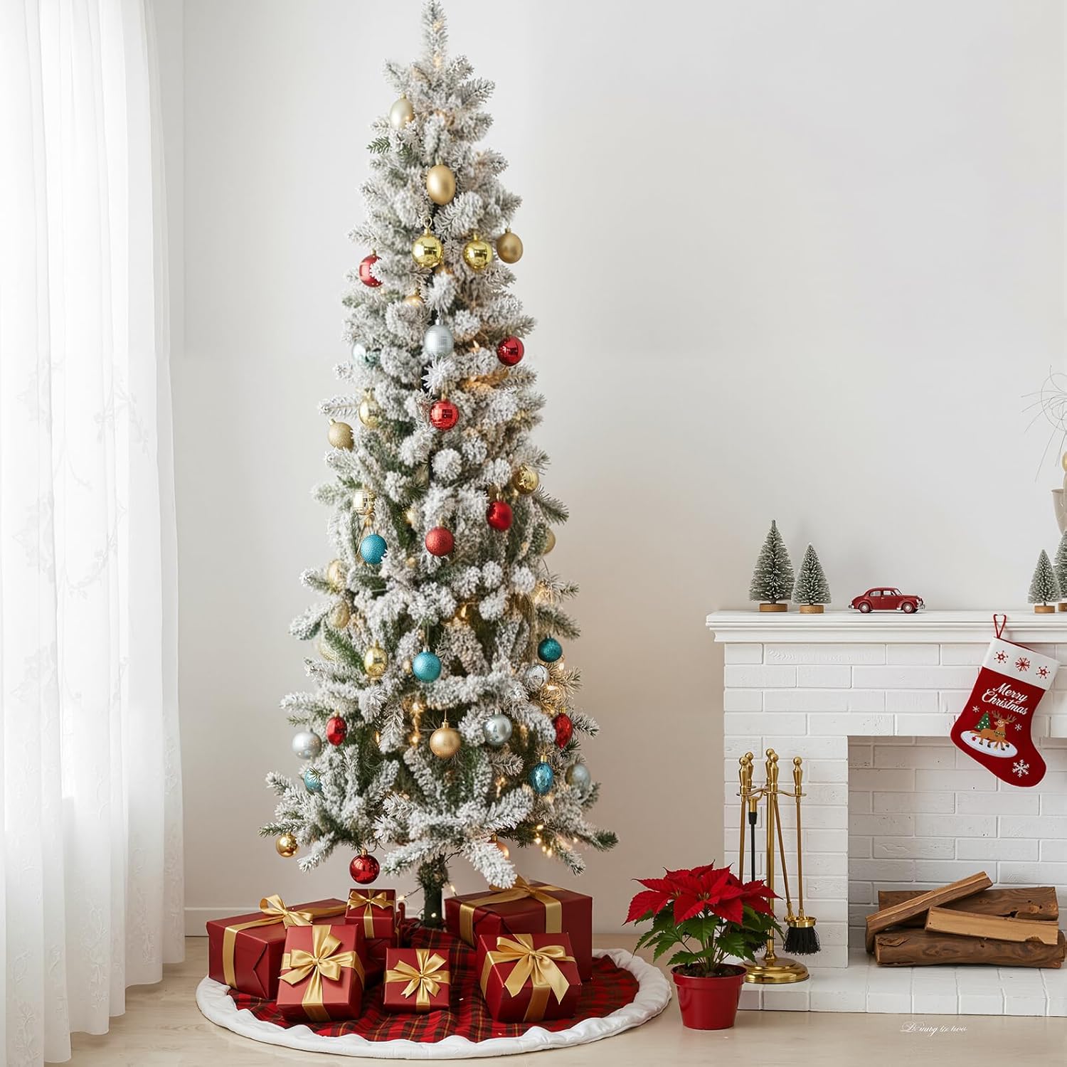 LIFERECORD 4.5ft Prelit Artificial Hinged Slim Pencil Christmas Tree with 120 Lights, 280 Full Branch Tips, 8 Warm Lingting Motes Perfect Decoration for Xmas Holiday, White