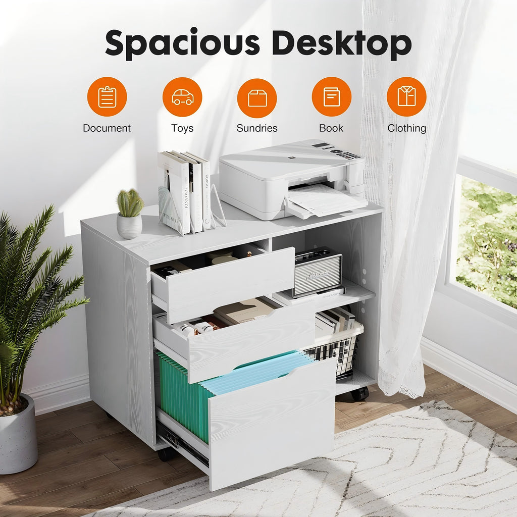 LIFERECORD 3-Drawer Lateral File Cabinet with Wheels, Mobile Rolling File Cabinet with Adjustable Shelf, Printer Stand for Home Office, Under Desk Storage Organizer, Wood Filing Cabinet White